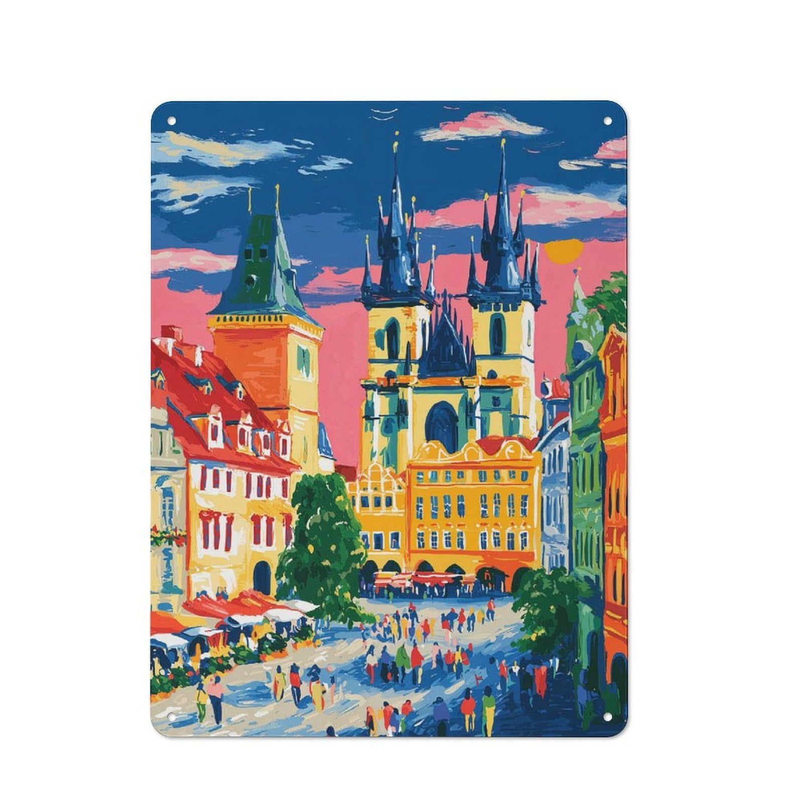 Junmoney Style-12 Workshop Style Prague Cityscape Painting Tin Sign 40X30cm, Workshop Wall Decor For Tool Room, Garage, Studio Or Home Bar