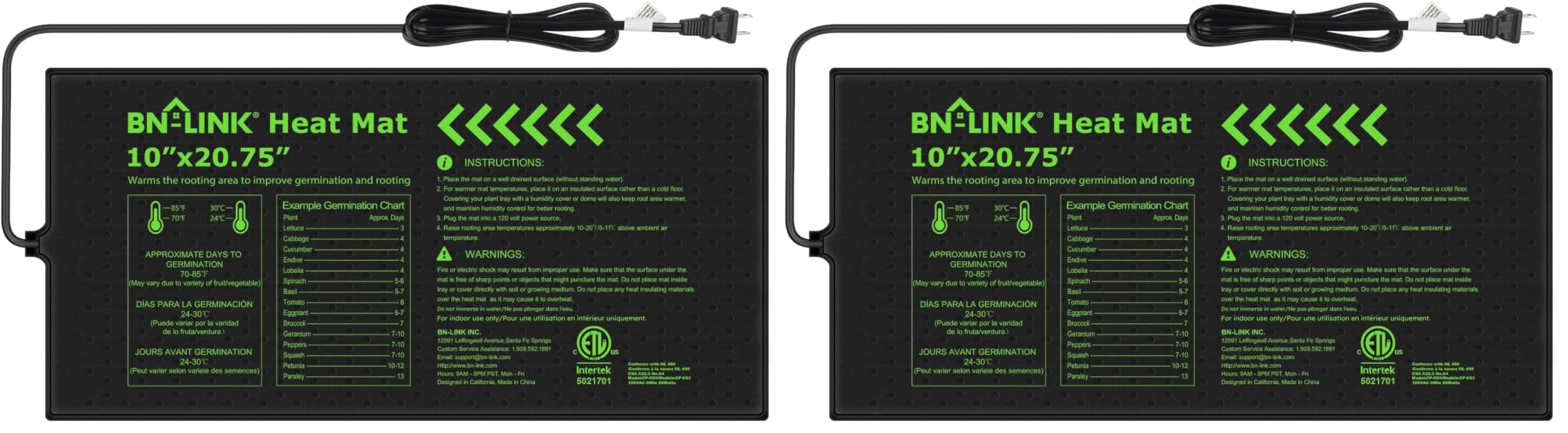 BN-LINK Seedling Heat Mat 10" x 20.75" Warm Hydroponic Heating Pad Waterproof for Seed Starting Greenhouse and Germination (Pack of 2)
