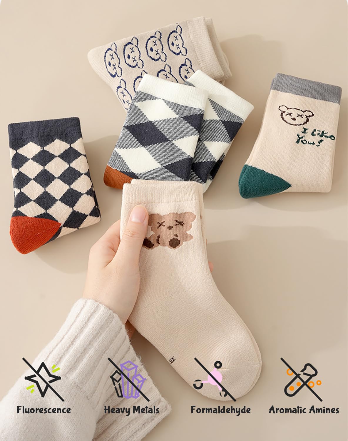 SYGA 5 Pairs Baby Socks, Toddlers Infant Cotton Stretch Crew Socks with Diamond Bear Design, Suitable for 0-2 Years baby 2