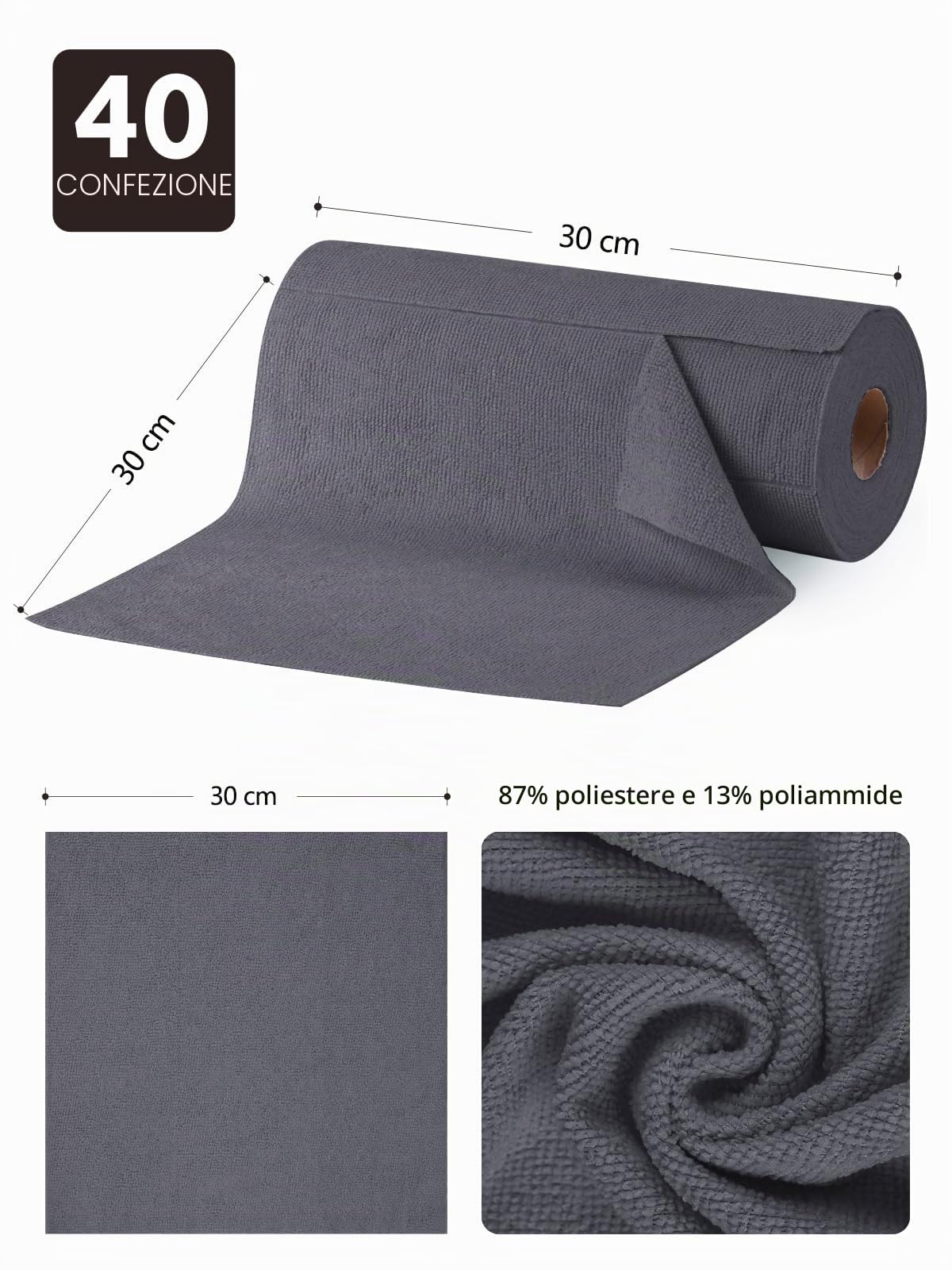 Fantasticlean Panni in Microfibra 40 Pezzi, Rotolo di Panno di Pulizia Strappabile, Stracci Riutilizzabili e Senza Pelucchi 30 x 30 cm - Grigio Scuro