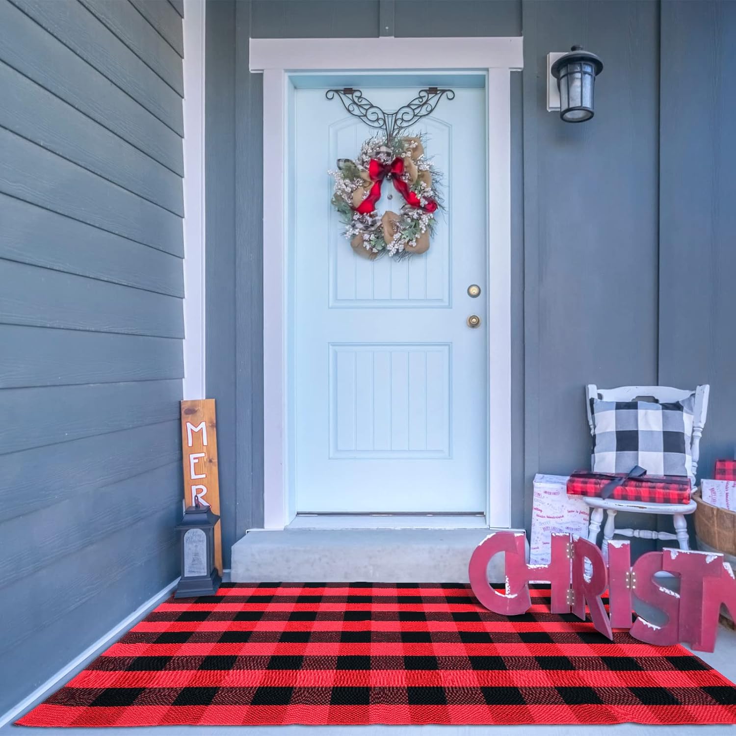 Mudder Buffalo Plaid Rug 4 x 6 Ft Black and Red Checkered Door Mat, Outdoor Front Porch Check Doormat Washable Woven Christmas Decor for Outdoor, Indoor, Kitchen, Farmhouse, Entryway