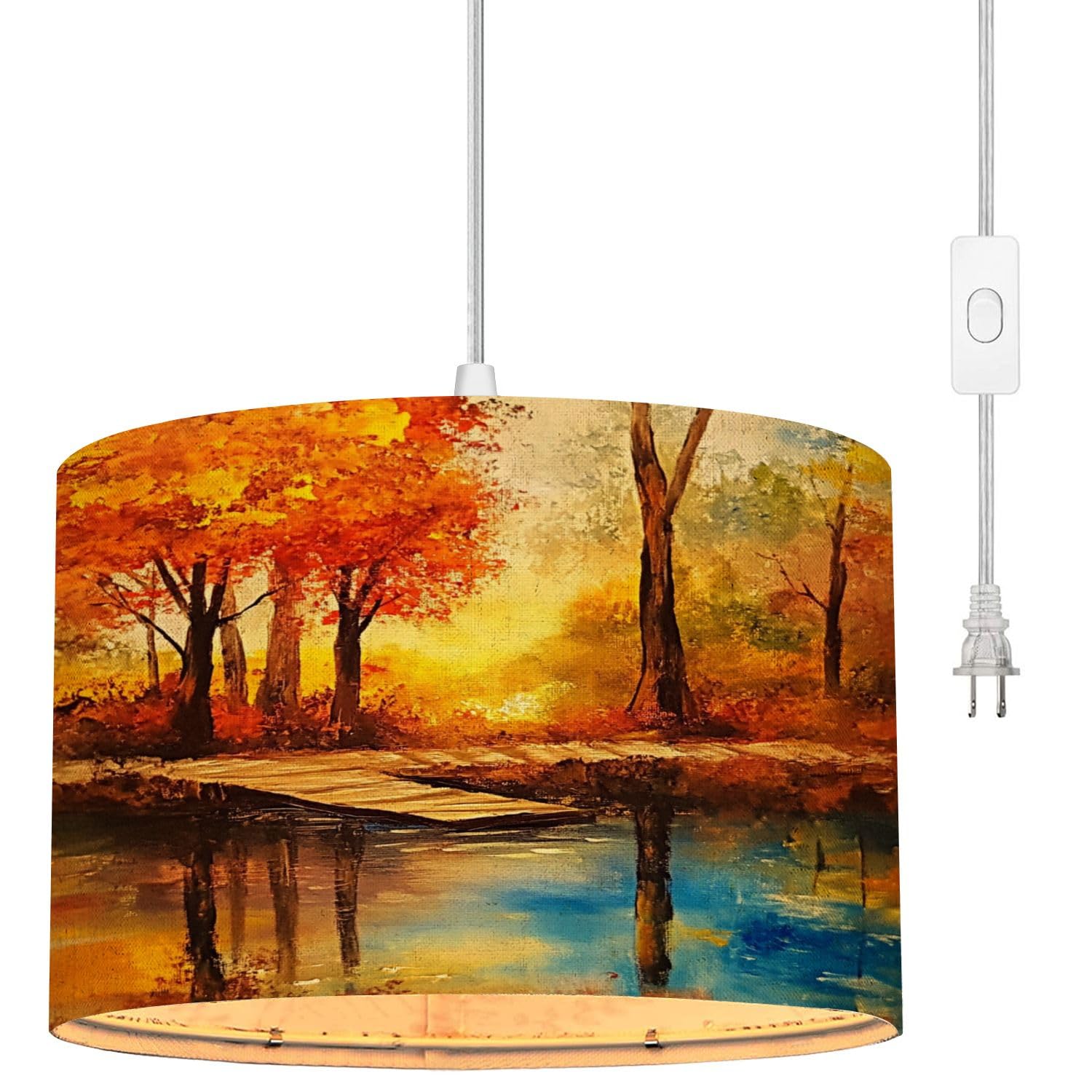 QFHOMTEOL Plug in Pendant Light Oil Landscape Autumn Forest Orange Leaves Hanging Lamp with Plug in Clear Cord Linen Lampshade Dimmable Switch for