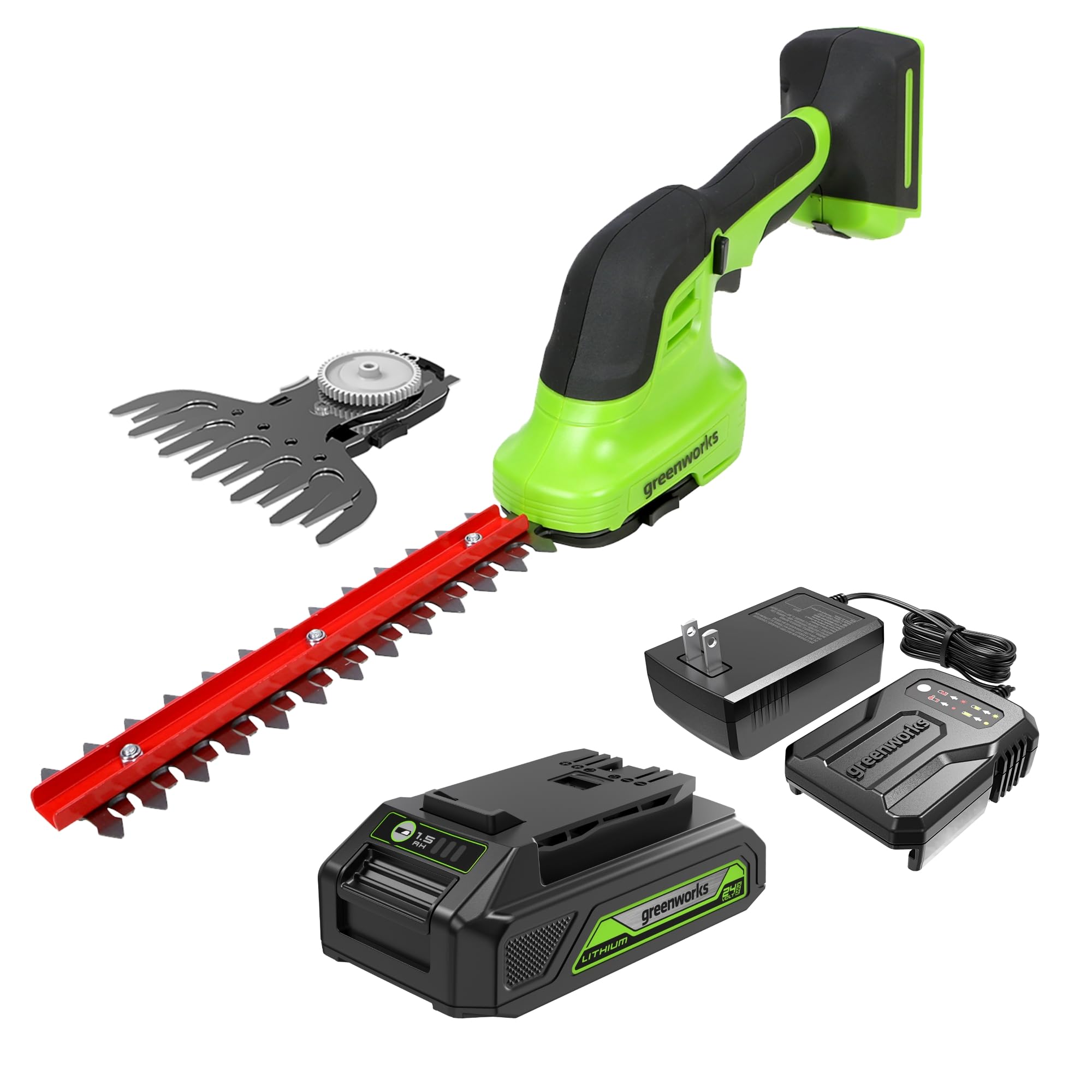 Greenworks 24V Cordless Shear Shrubber with both blades, battery, and charger