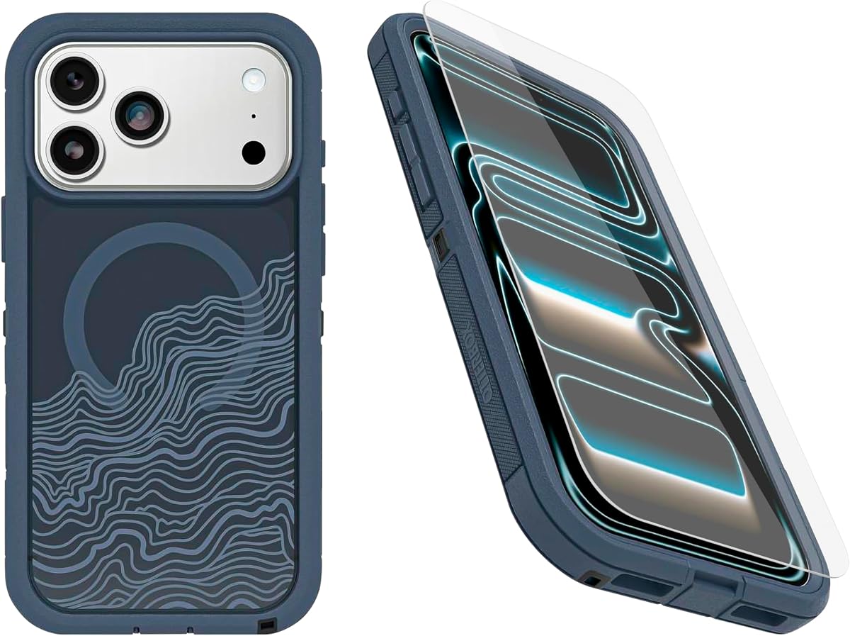 OtterBox iPhone 17 Pro Max (solo) Paquete: Defender Series XT Funda transparente y protector de pantalla - Offgrid (azul) - Se ajusta a MagSafe - Resistente - Resistente y duradero - Embalaje no minorista