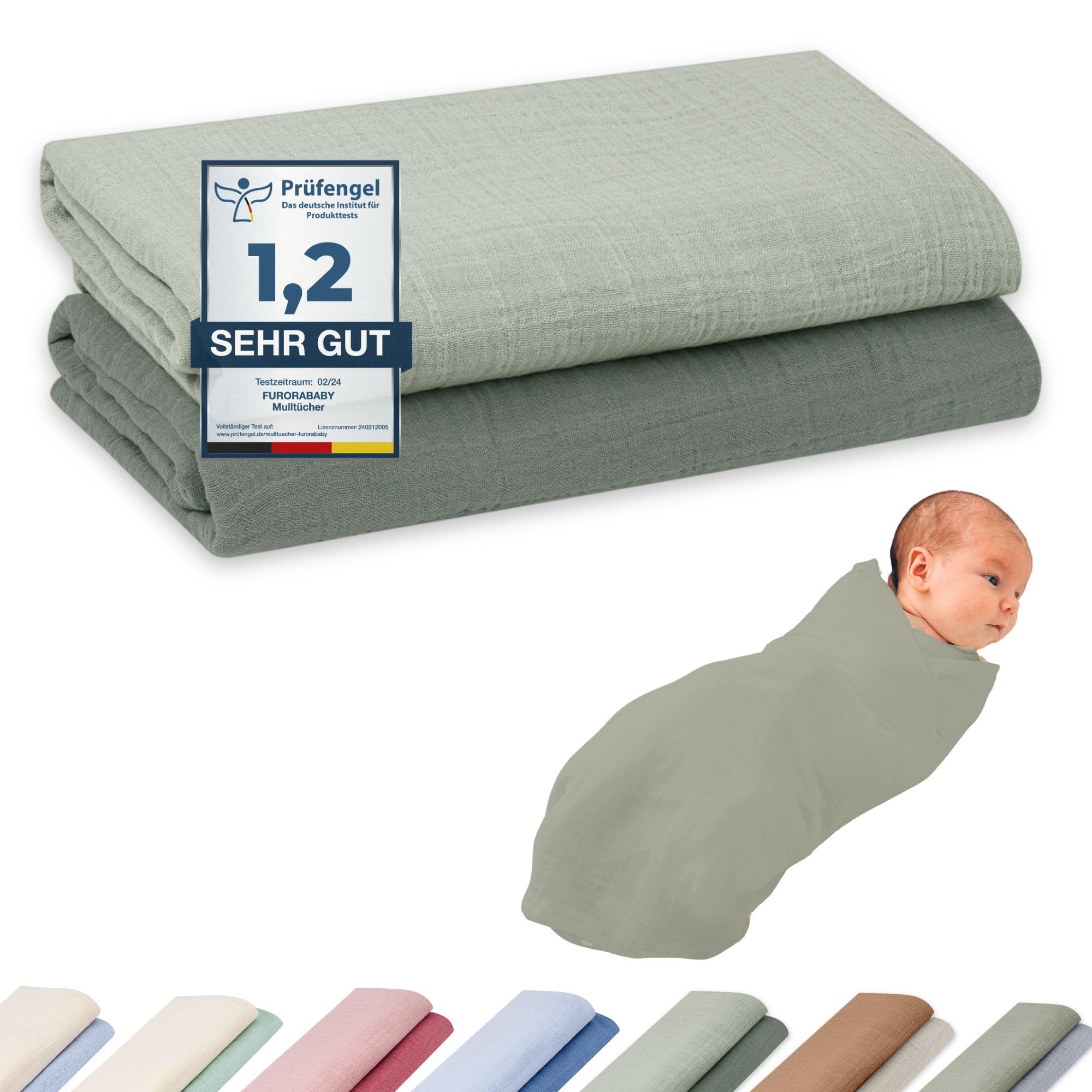 furora BABY Mullwindeln & Pucktuch 120x120 cm XXL (weiche Musselin Bio-Baumwolle) Oeko-Tex 100 Mulltücher Baby | saugtark + 60 Grad waschbar | Stoffwindeln Tuch, große Spucktücher (Grün)