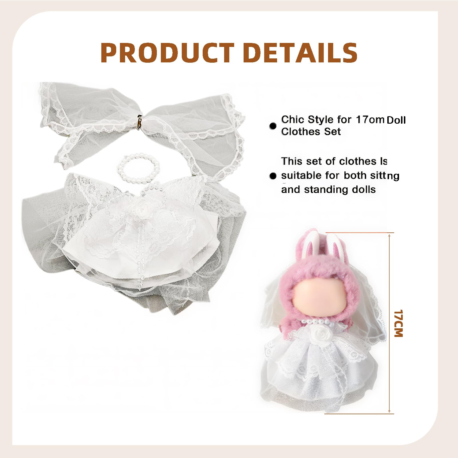 17cm Puppen Hochzeitskleid Set - Elegantes weißes Kleid mit Schleier & Perlenkette 3-teiliges Brautoutfit für Modepuppen (Puppe nicht enthalten)