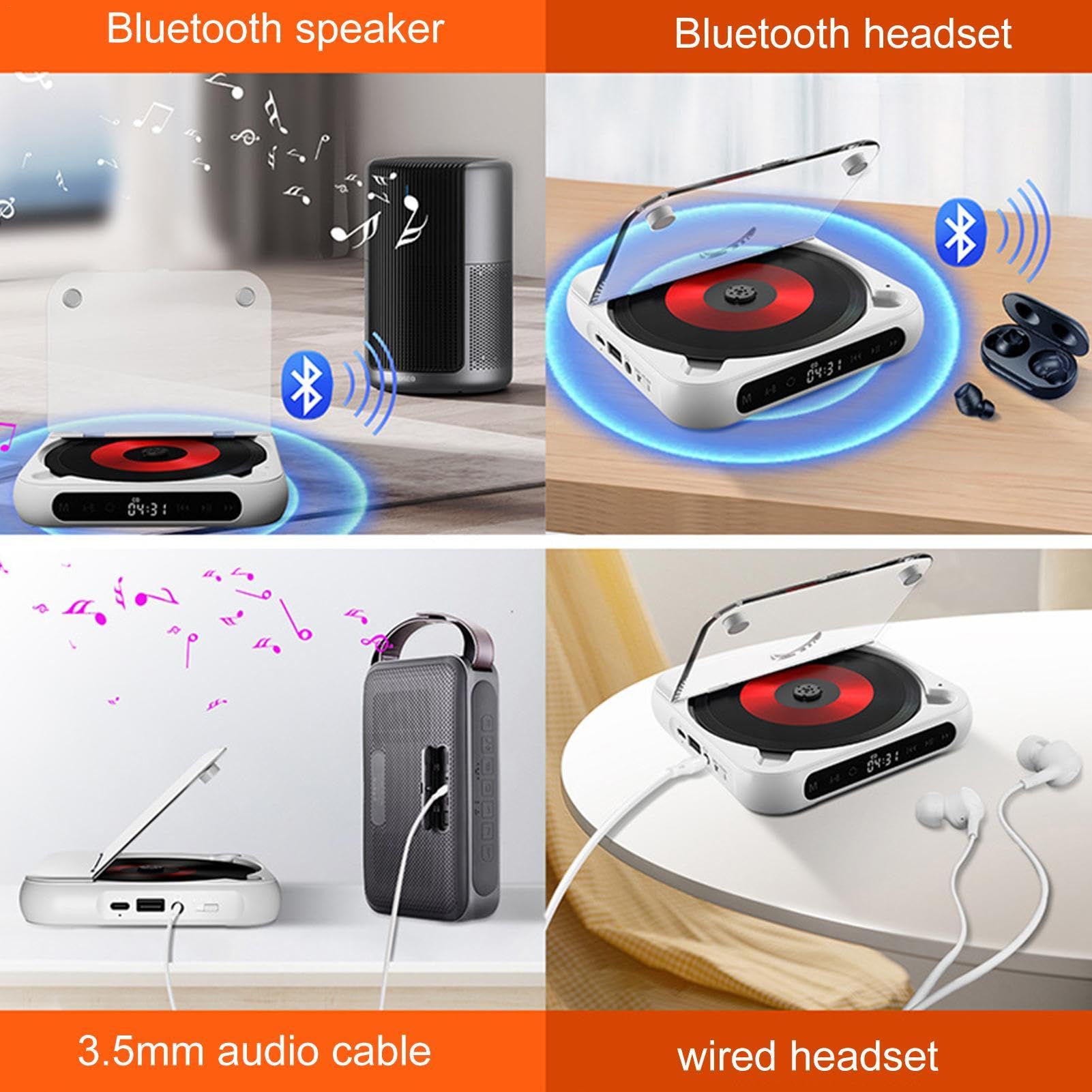 Reproductor de disco pequeño, reproductor de disco táctil inalámbrico de | escritorio con auriculares, reproductor de música recargable, reproductor de disco compacto personal antigolpes, para el hoga