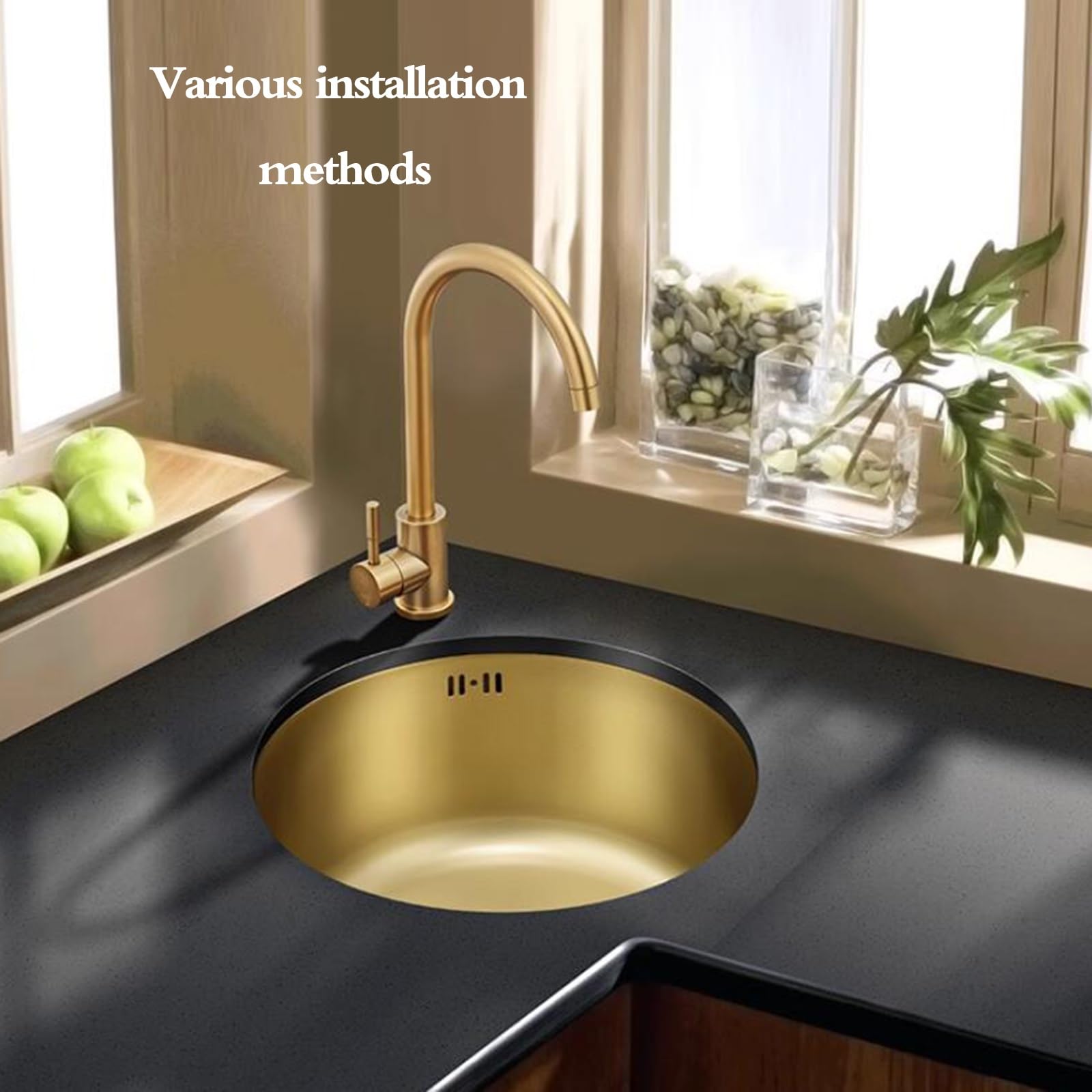 Lavello a sifone a vasca singola in acciaio inox con rubinetto per balcone, cucina, bar, lavello bello e resistente, color oro, 40 x 40 x 2,
