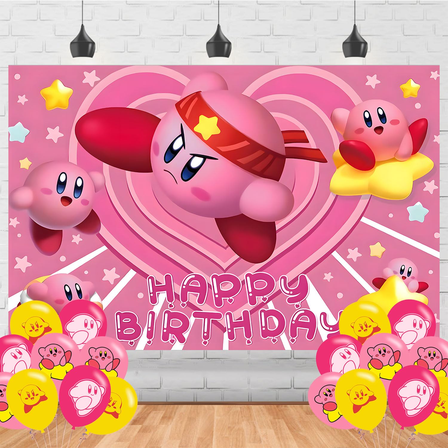 Kirby Game Star Birthday Decorations,Cartoon Star Backdrops for Party Decorations Supplies,Kirby Happy Birthday Banner Backdrop for Party Supplies (
