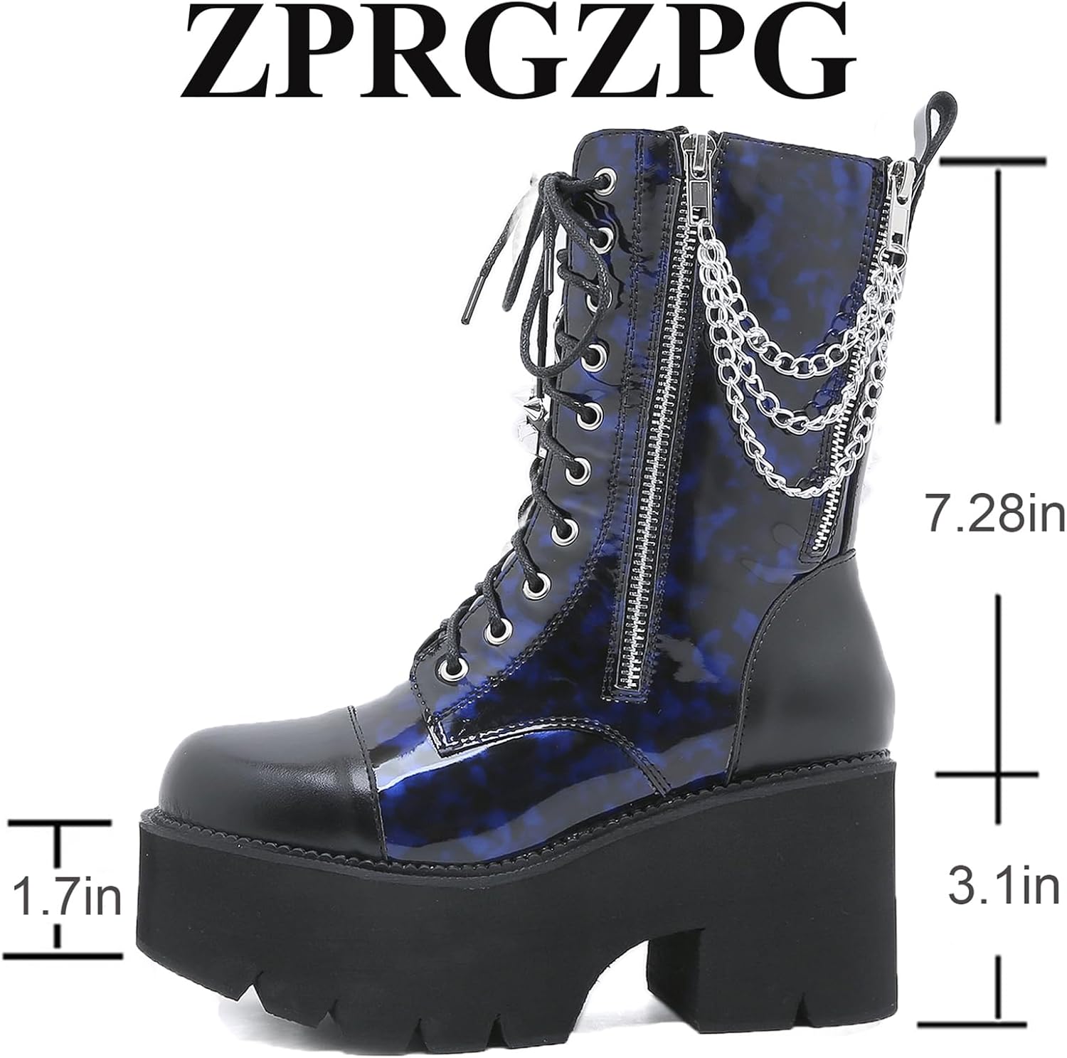 Women's Chunky Block Heel Platform Goth Boots Mid Calf Boots with Chain Combat Boots Side Zip Motorcycle Punk Boots