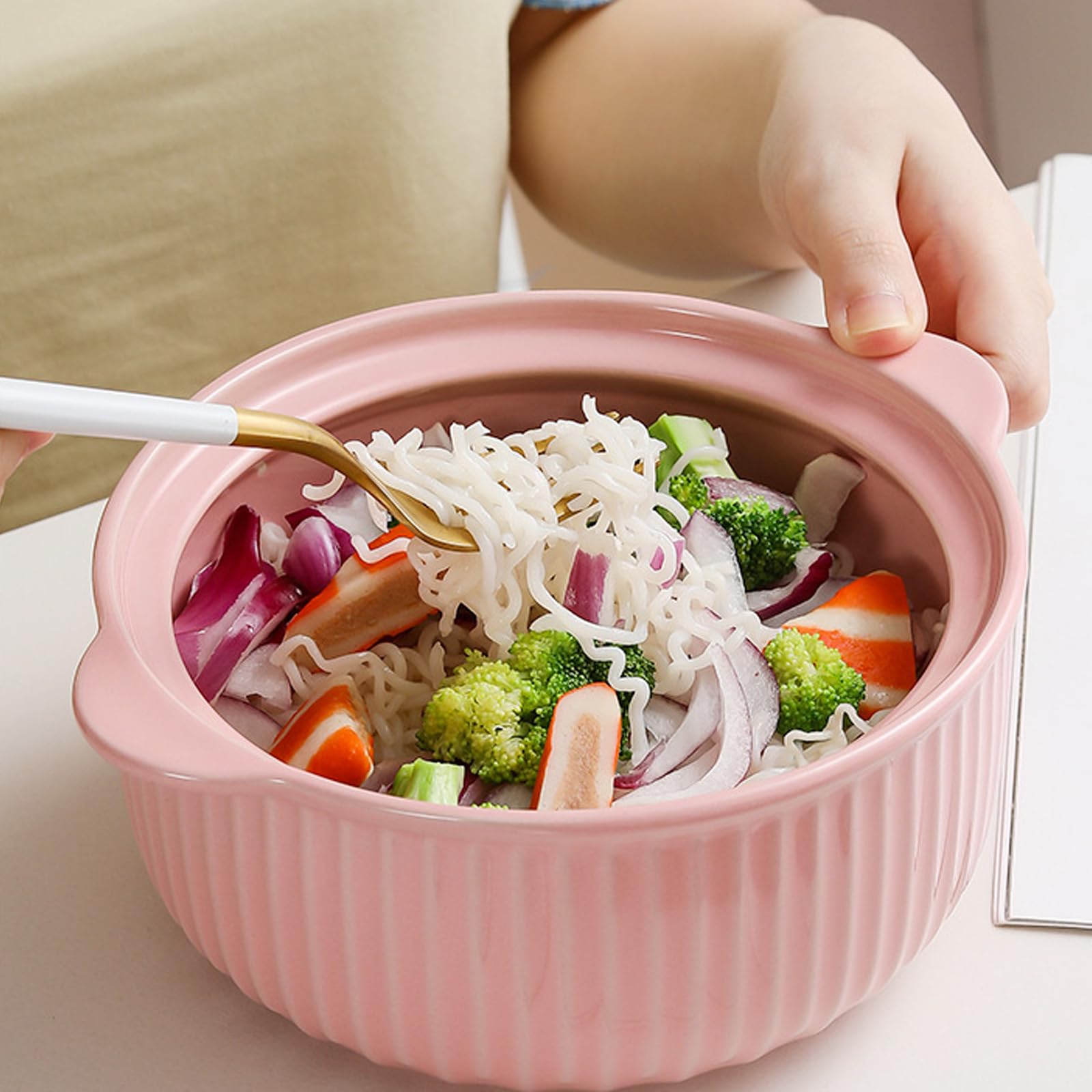 Amosfun Ciotola in Ceramica Con Doppio Manico - Ciotola Rosa Per Insalata, Ramen, Zuppe, Colazione - Ideale Per Forno E Microonde, 19,5 Cm