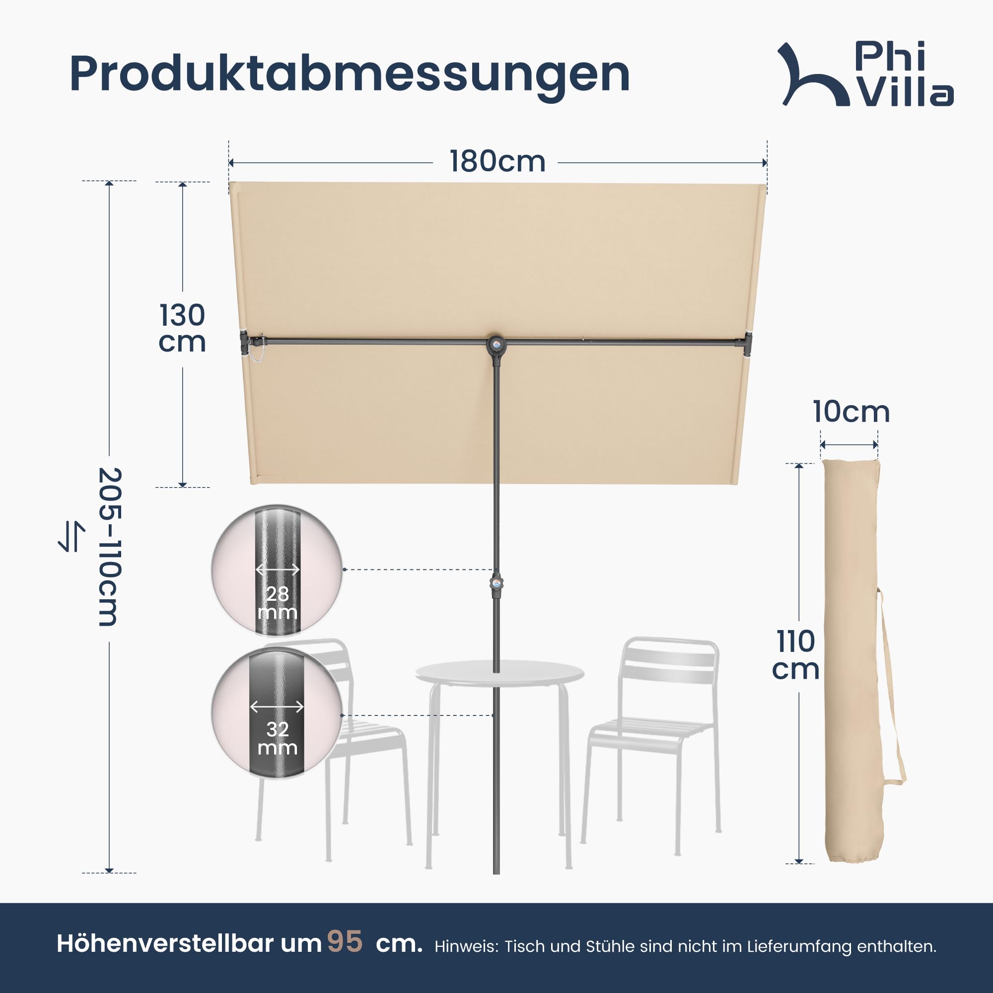 PHI VILLA 180x130cm 360°Drehbar Sonnenschirm mit Hülle & klemme, Aluminium Balkonschirm Höhenverstellbar Windfest Stabil zum Mitnehmen, UV50+ Schutz für Balkon Terrasse Balkongeländer Tisch