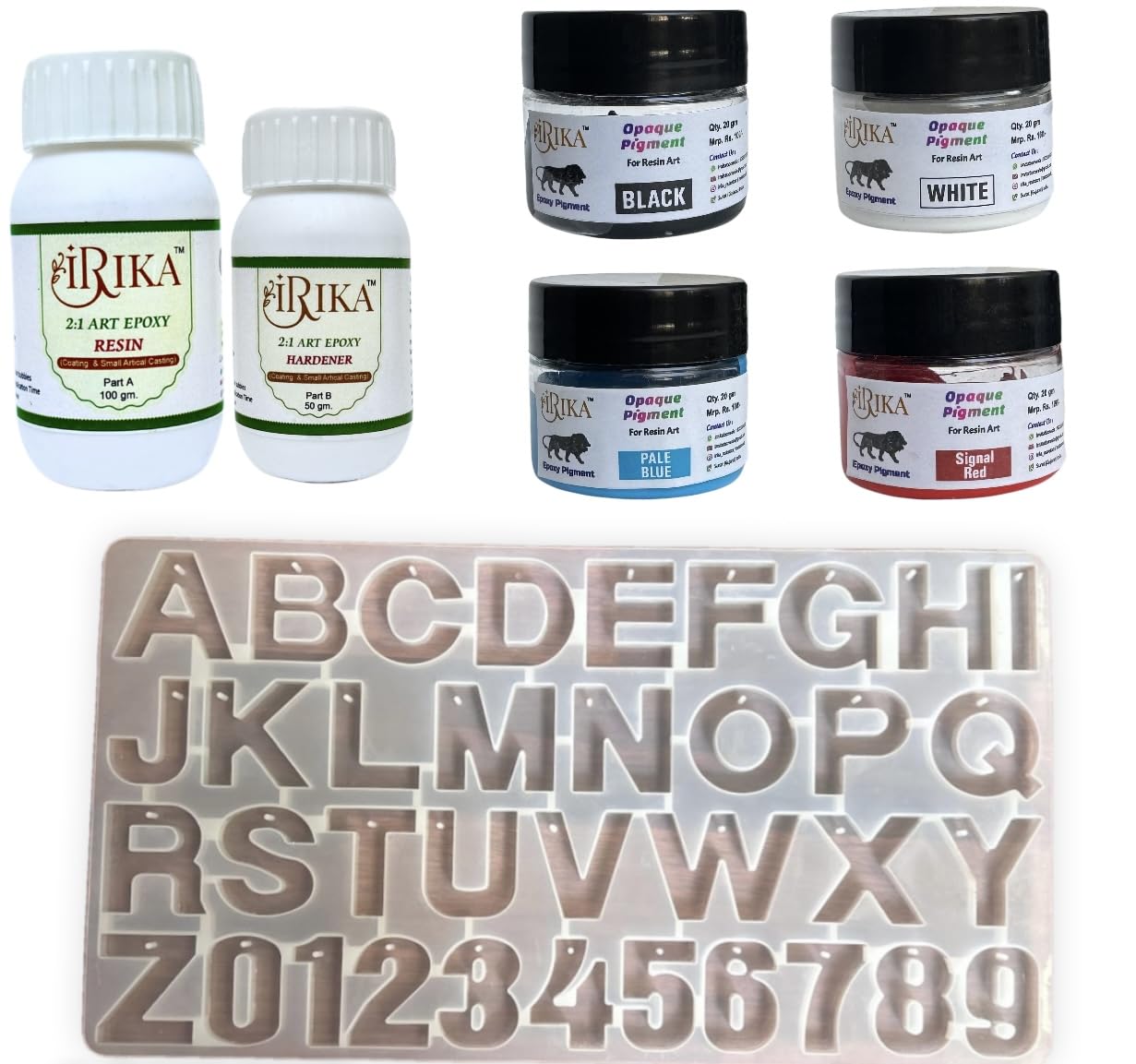 IRIKA Non Toxic Resin 150 gm with Pack of 4 Opaque Pigment with back pouring alphabet keychain mould For Resin art/Art And Craft