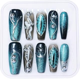 Press on Nails Handmade Nails Luxury Reusable Fake Nails For Girls long Coffin Armor Cat's Eye Blue Diamonds HandPainted Salon Loveful Design Acrylic GelUV Finished 3D Nails 10PCS (A048, L)