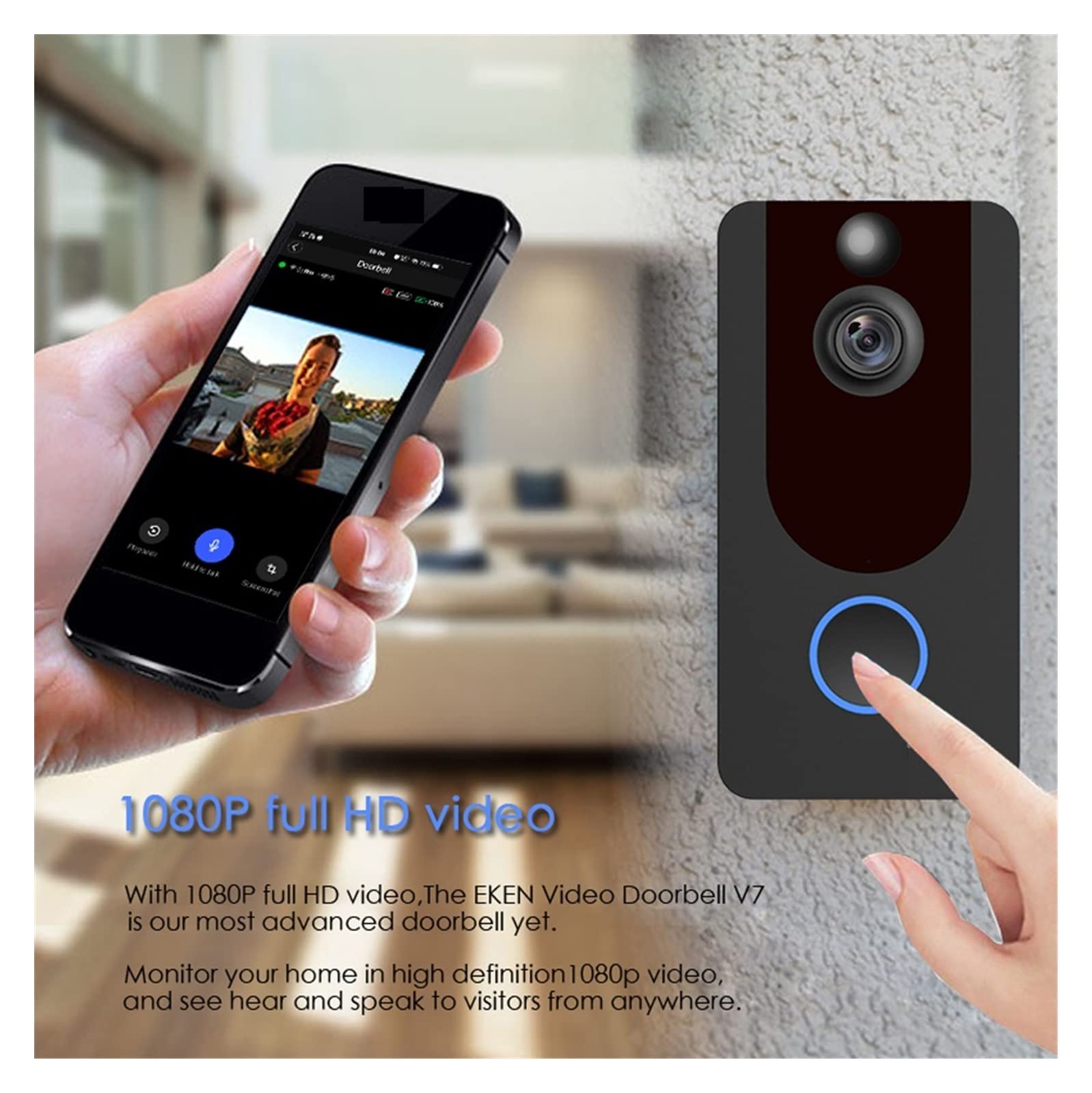 Bezprzewodowa kamera dzwonkowa, Bezprzewodowa kamera z dzwonkiem do drzwi 1080P Dzwonek z Wi-Fi Inteligentne zabezpieczenie Domofon Opcja Dzwonek domowy,Easy to install
