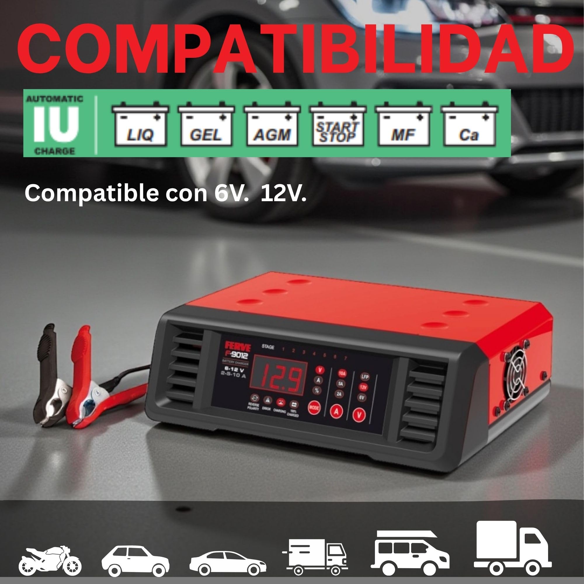 Ferve F-9012 Cargador de Bateria Automático - Mantenedor Inteligente 2-5-10A 6V/12V para Moto y Coche - Tecnología RF - Autoreinicio - con Pinzas y Terminales - para Baterias de Plomo-Ácido y Litio.