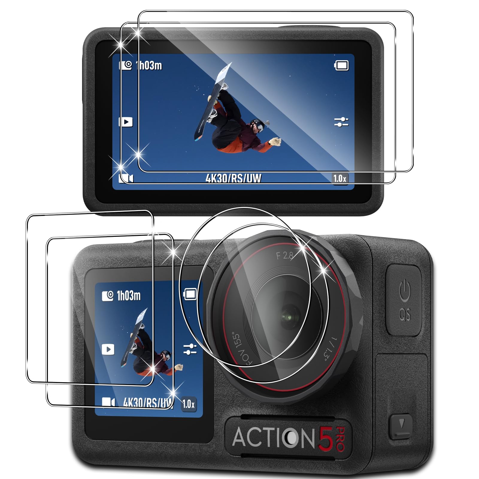 Pellicola Protettiva Vetro Temperato Per DJI Osmo Action 5 Pro - 2 Schermo + 2 Posteriore + 2 Obiettivo, Durezza 9H Anti-Graffi - Foto 13