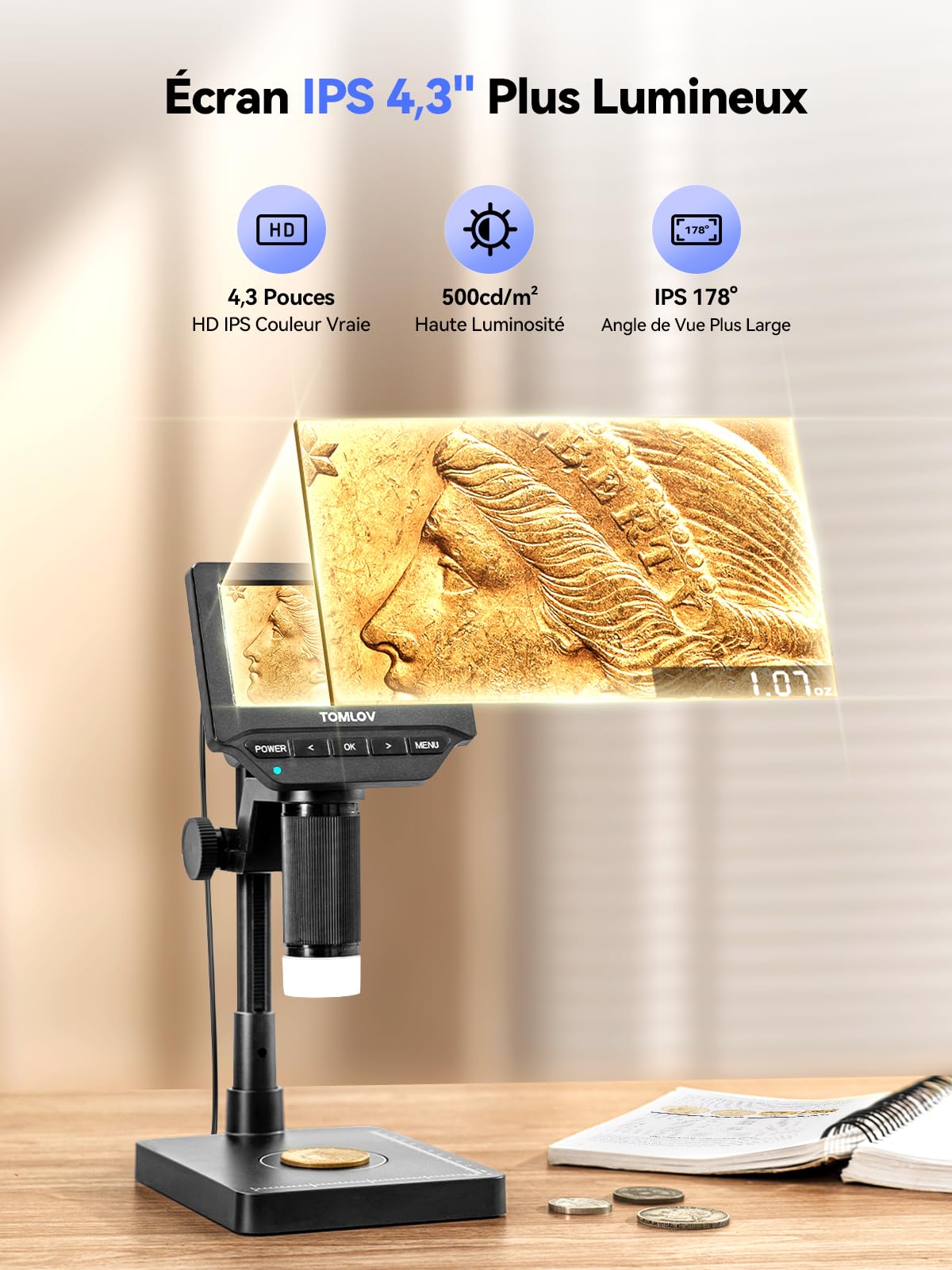 TOMLOV DM4W Microscope Numérique avec Balance: Microscope à Pièces avec 4,3" IPS Écran, Loupe pour Pièces avec Lumière, Balance Précise pour Collectionneurs, Bijoutiers, Compatible PC/Mac