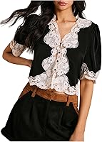 SOLYHUX Women's Lace Crop Blouse: Short Sleeve V-Neck Button-Down Elegant Top with Puff Sleeves