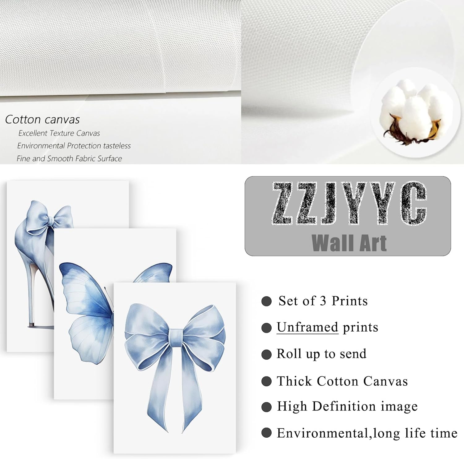 Blue Watercolor Butterfly High Heel Bow Ribbon Canvas Wall Art Set of 3 Coquette Wall Art for Girls Room Bedroom Blue Bow Print Picture Paintings12x16 inch No Framed