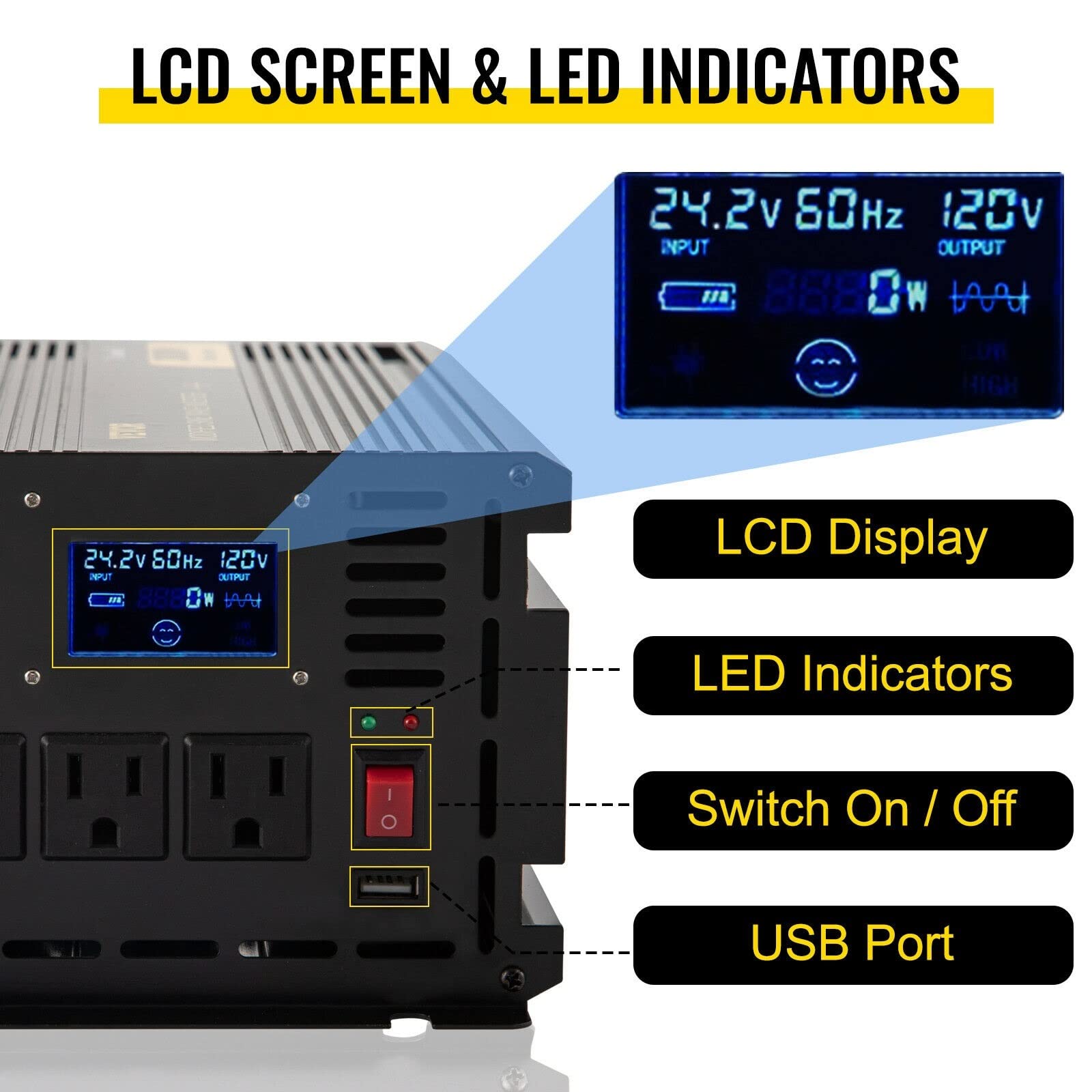 Zmodyfikowany falownik sinusoidalny DC12V / DC24V do AC120V Ekran LCD ze stopu aluminium i amp;Wskaźniki LED do zasilania samochodu w domu(1600W)