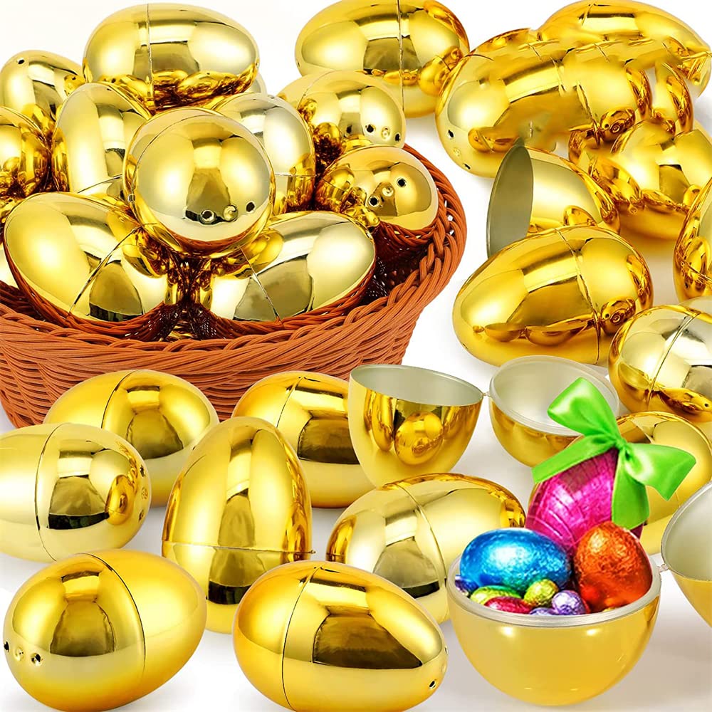 neotimely 40 Pieces Golden Easter Eggs, Fillable Easter Eggs, Shiny Large Plastic Easter Eggs, Easter Theme Party Favor, Eggs Hunt, Basket Stuffers Fillers, Classroom Prize Supplies (3 Inch)