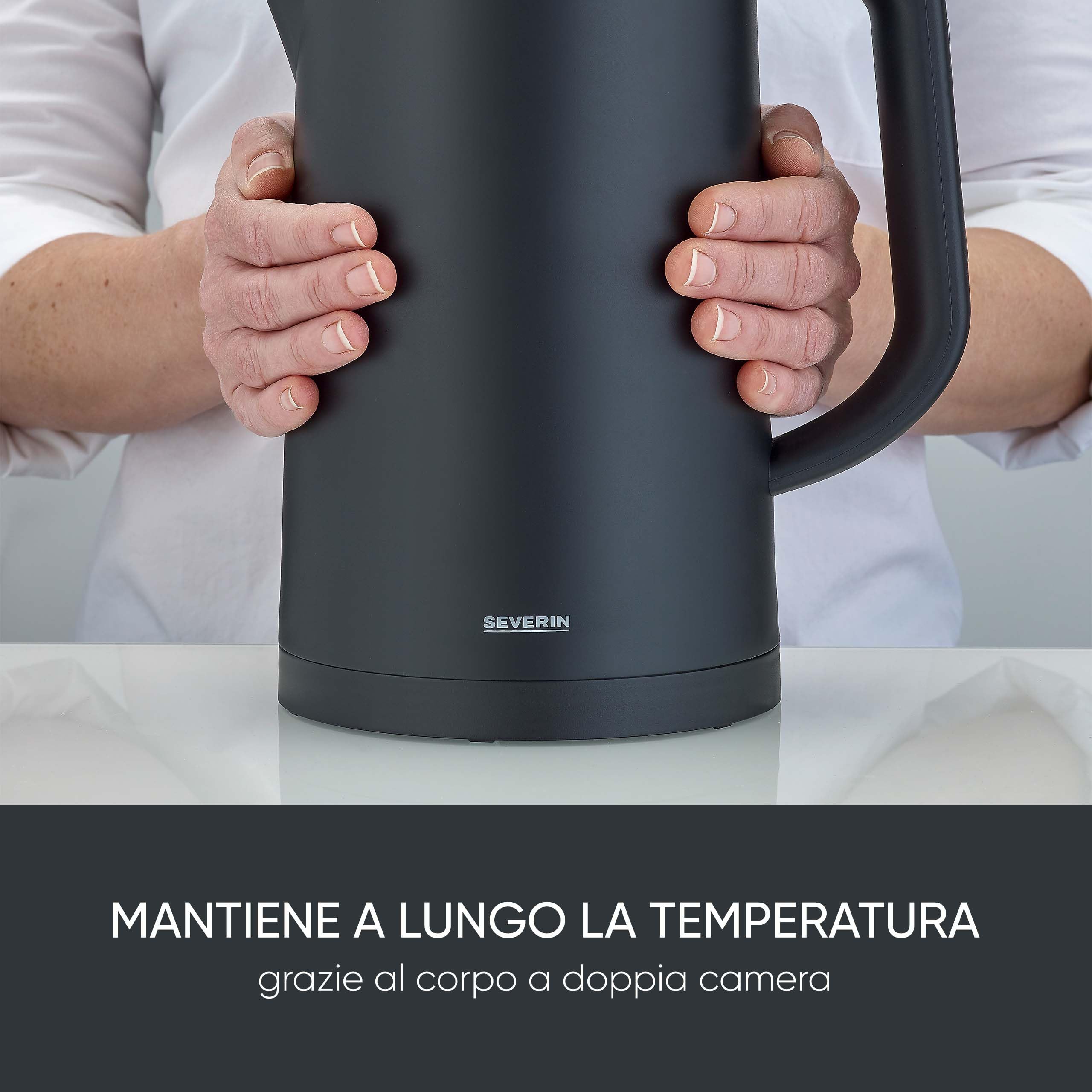 SEVERIN Bollitore Elettrico, 1,7 Litri, 2200W, Cool-Touch, Regolazione Temperatura, Mantenimento Caldo, Spegnimento Automatico, 24,0 x 14,5 x 23,5 cm, Nero/Inox - WK 3484