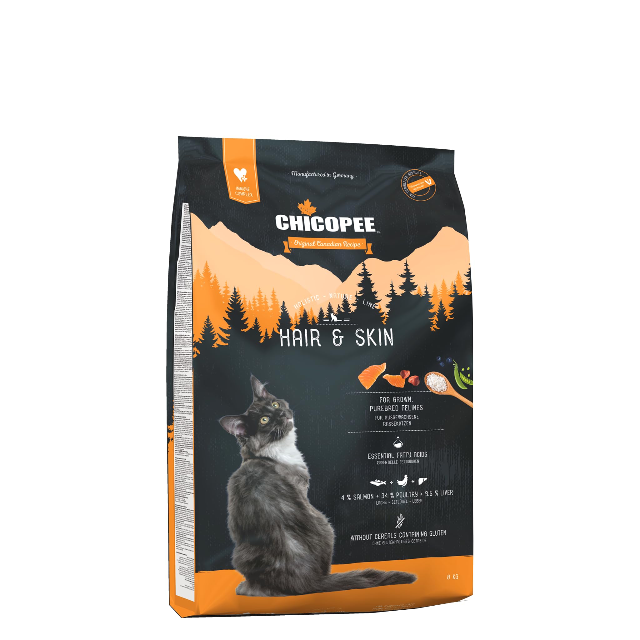 Chicopee Holistic Nature Line | Adult Hair & Skin | Katzenfutter trocken | Lachs & Geflügel | Haut & Fell, Omega-Fettsäuren | ohne glutenhaltiges Getreide | Inspiriert von der Natur Kanadas | 8 kg