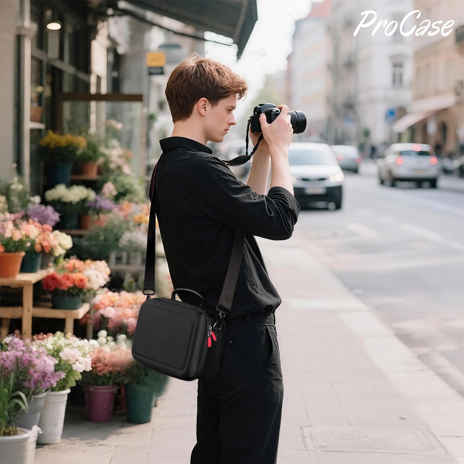 ProCase Hard Shell Camera Case for Canon Rebel T7/EOS R100/R50/DSLR/SLR/Nikon/Sony/Mirrorless Cameras, Soft Padded Digital Camera Travel Bag with 1 Shoulder Strap and 3 Adjustable Dividers -Black