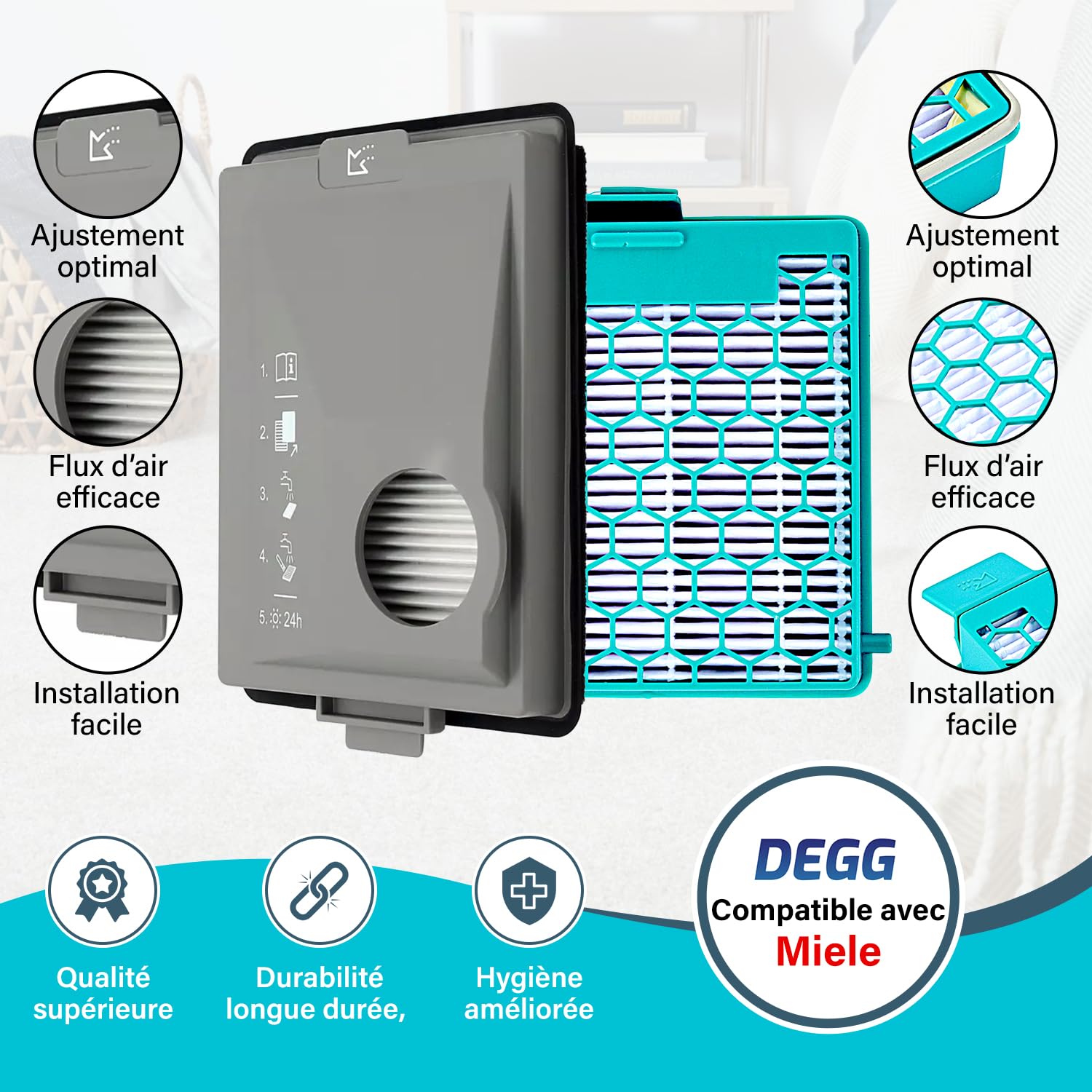 DEGG Kit de filtres - Compatible avec aspirateurs Miele Boost CX1 - Remplace SF-HY 60 & CX-FSF - Filtre HEPA et Anti-Poussière Fine - Ajustement parfait - Accessoires pour aspirateur