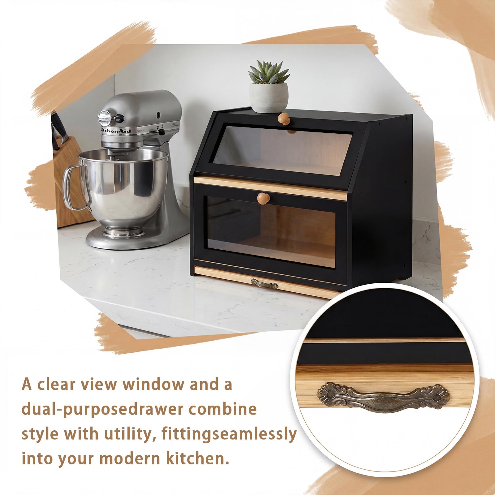 OHMG Boîte à Pain Bambou 2- Couche Countertop Boîte à Pain en Bois de Bambou pour Cuisine, Huche à pain,Nature,pour le stockage du pain,26 * 39 * 32.5cm