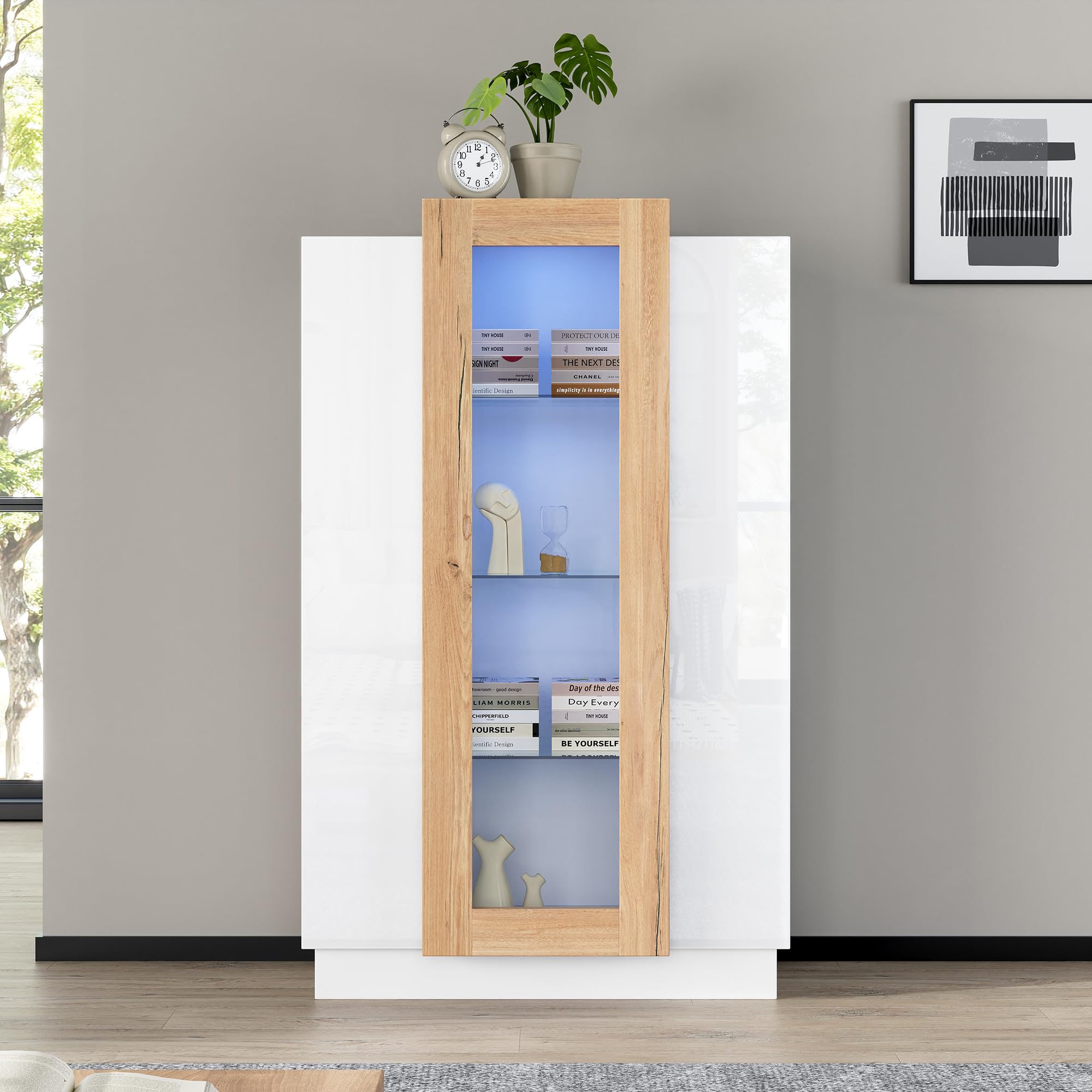 74 x 40 x 120 cm, armario de salón con 3 puertas, puertas transparentes, vitrina brillante con LED, estantería con estantes de cristal y cajón, vitrina de pie con una altura de 120 cm