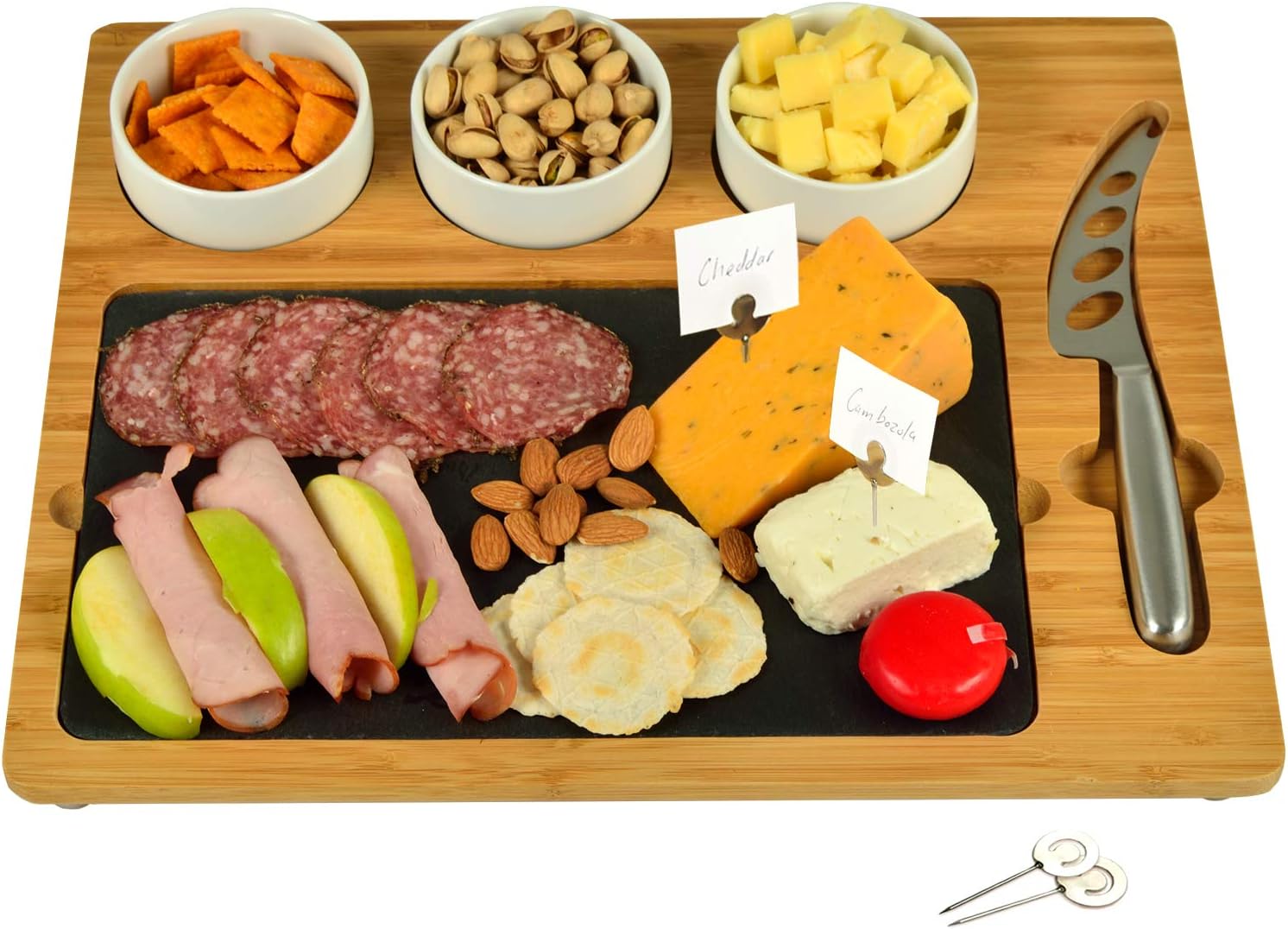 Picnic at Ascot Bamboo & Slate Cheese/Charcuterie Board - Includes 3 Ceramic Bowls, Cheese Knife & Cheese Markers- Patent Pending - Designed & Quality Checked in the USA