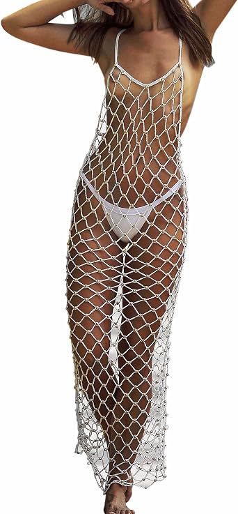 Women Sexy Rhinestone Swimsuit Cover Ups See Through Dress Crochet Beach Bikini Coverup Fishnet Bodycon