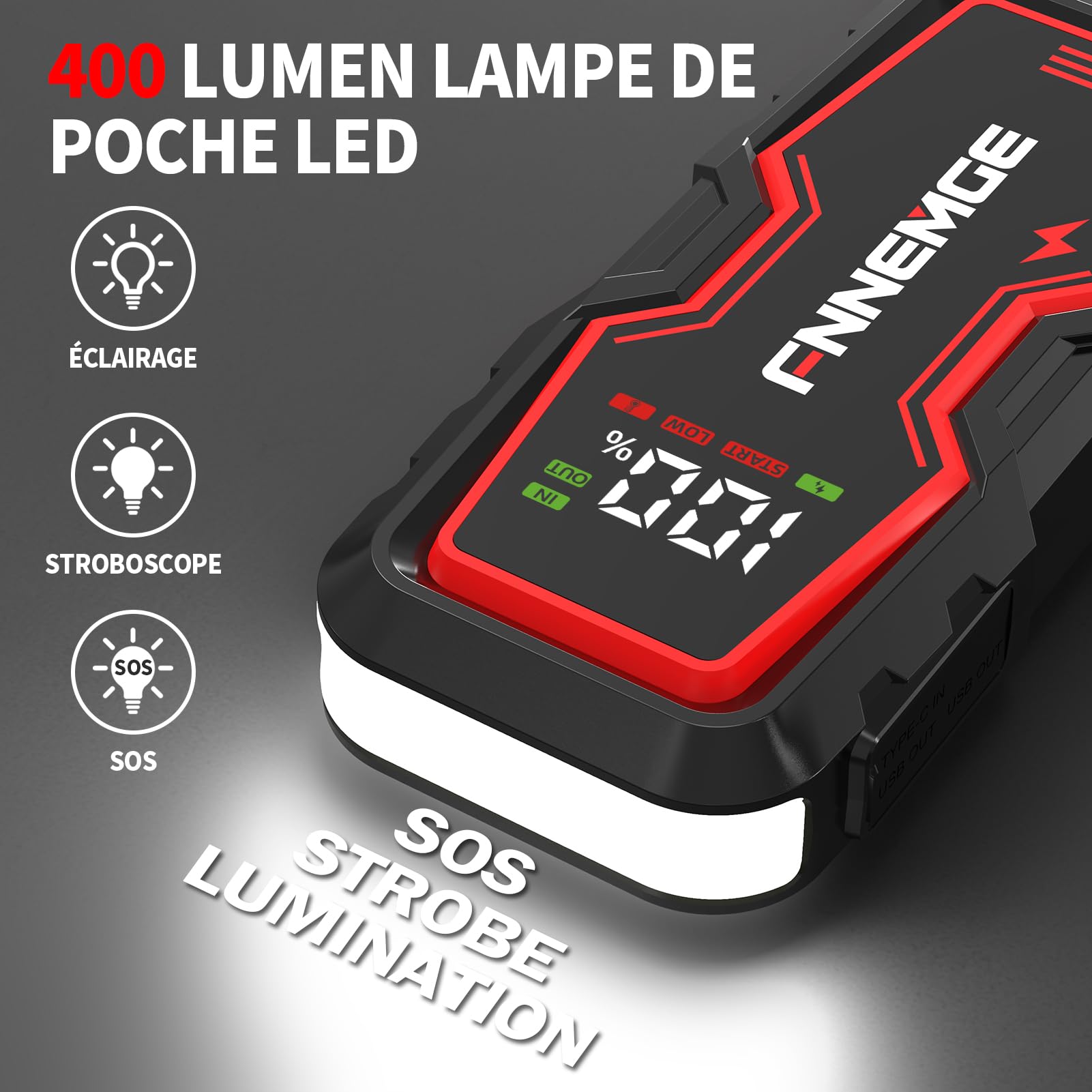 FNNEMGE Booster Batterie,6000A 22800mAh de Courant de Pointe, 12V Démarreur de jusqu'à Tout Le Essence et 8,0L Diesel, Jump Starter avec Port de Charge USB, lumière LED, HD Écran Large.