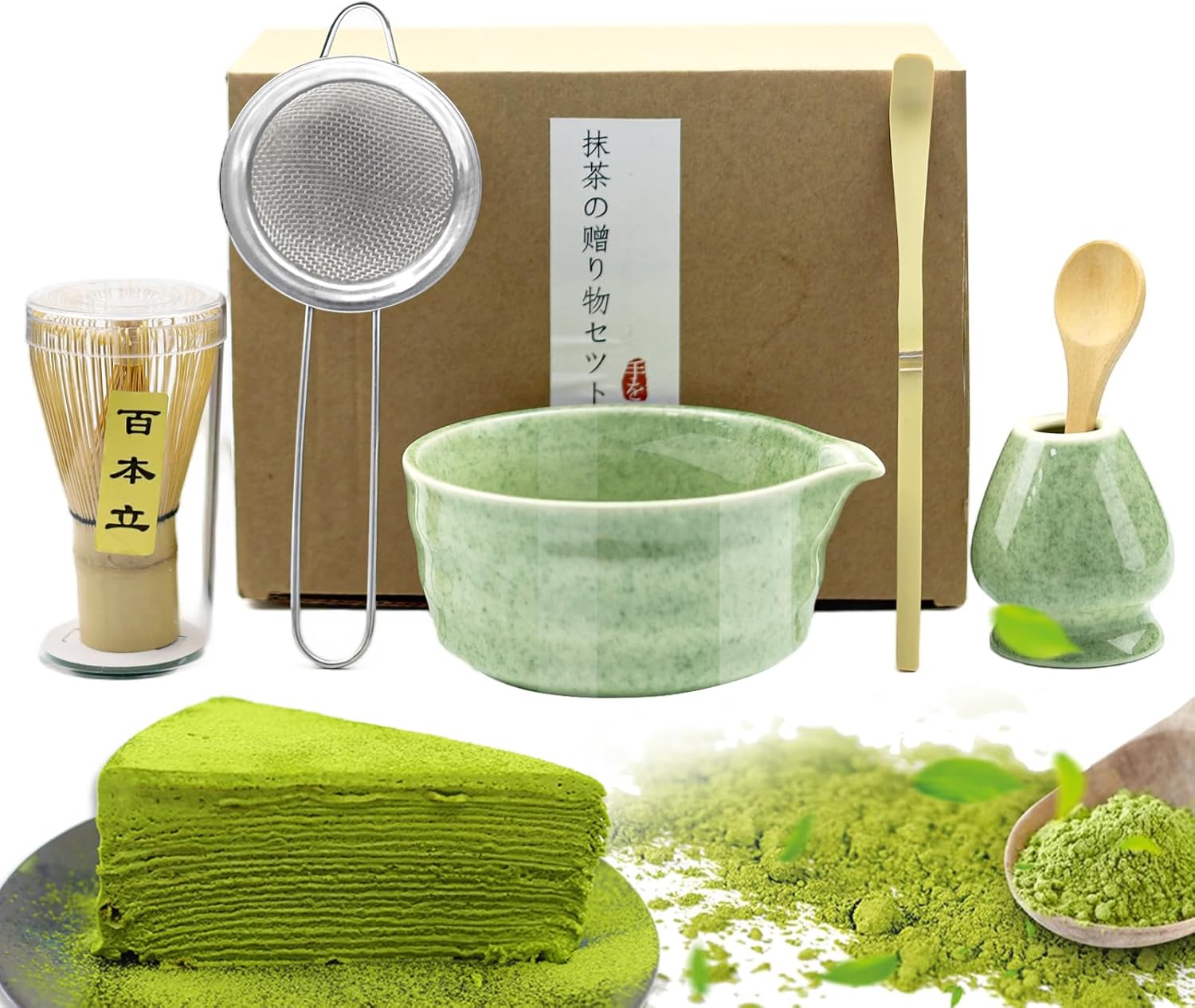 Matcha Set of 6 Matcha Tea Sets, Ceramic Matcha Bowl with Spout, Bamboo Matcha Broom Chashaku, Wooden Spoon, Stainless Steel Strainer, for Home, Office, Tea Room