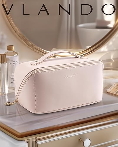 Miniatura 8 de Vlando Bolsa de cosméticos de viaje - Bolsa de maquillaje, bolsa de cosméticos impermeable de cuero PU, blanco albaricoque, Moda