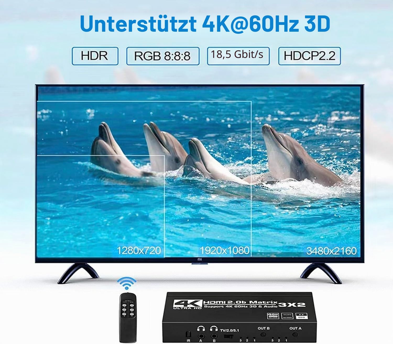 HDMI-Matrix 3x2 4K 60Hz Matrix-Switch 3 in 2 Out Switcher-Splitter-Box mit EDID-Extraktor und IR-Fernbedienung, unterstützt Ultra 4K HDR, 3D/1080P, HDMI 2.0b, HDCP 2.2