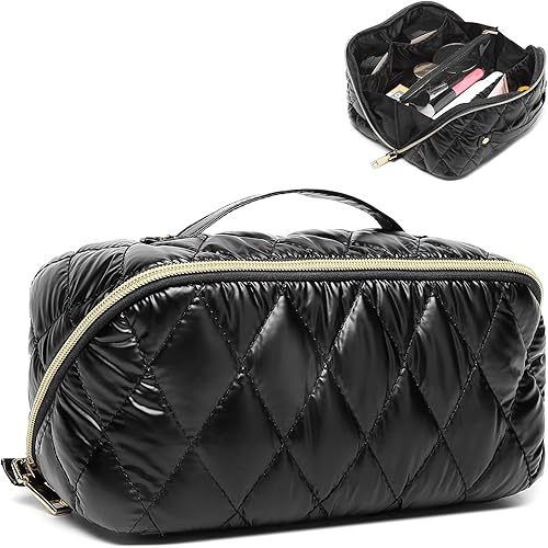 seyfocnia Bolsa de maquillaje de viaje, bolsa de cosméticos de gran capacidad para mujer, bolsa de maquillaje acolchada impermeable, bolsa de aseo