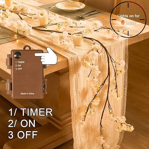 Miniatura 2 de Fudios - Guirnalda iluminada de flores de cerezo blancas con temporizador, 96 luces LED de hadas, 6 pies, guirnalda de vid artificial con luces,