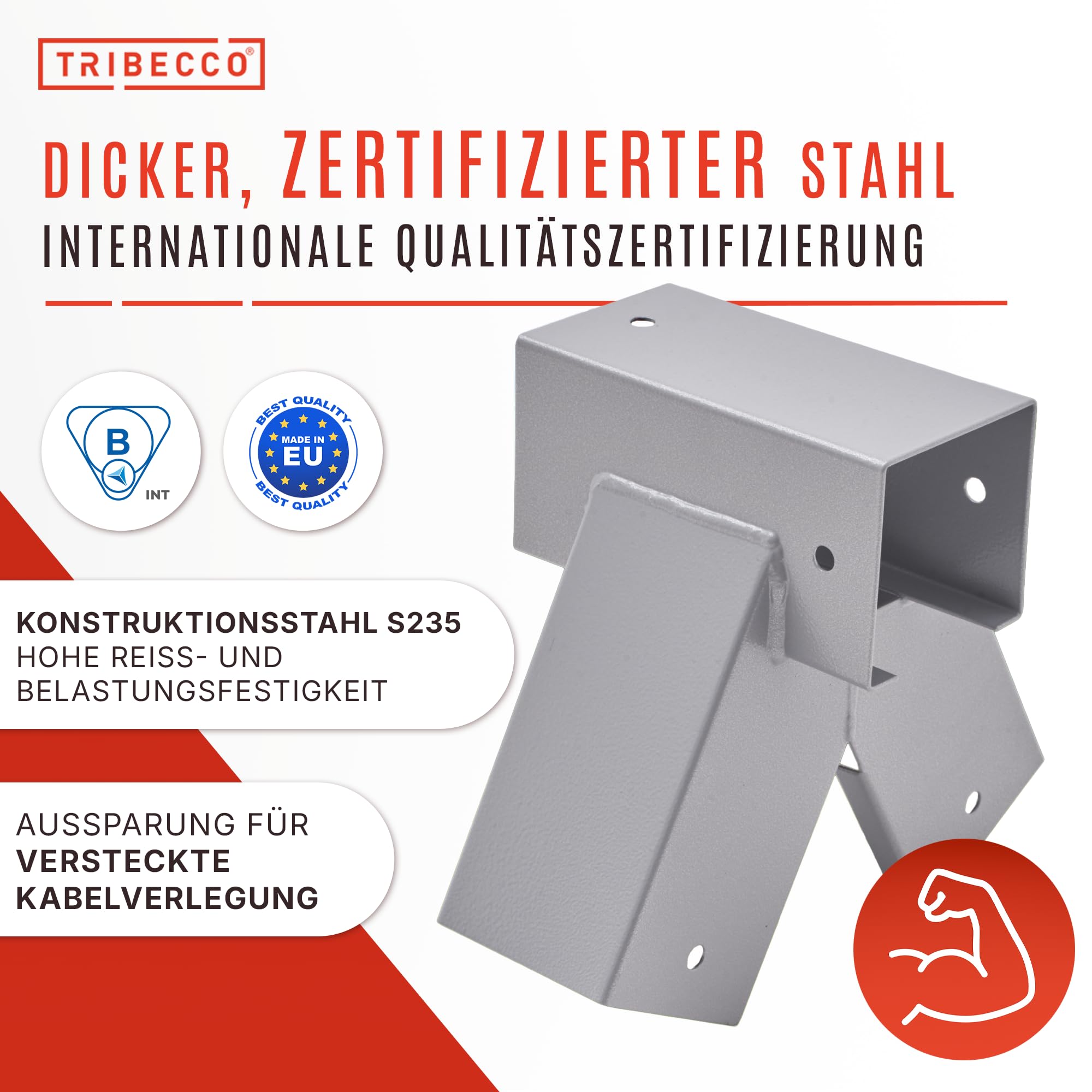 TRIBECCO® Czworokątny łącznik huśtawki 90/90 mm, 90° (90° szary), z malowanej proszkowo blachy stalowej do huśtawek ogrodowych, stabilny trójkąt w kształcie litery A, z otworami montażowymi Ø 10 mm
