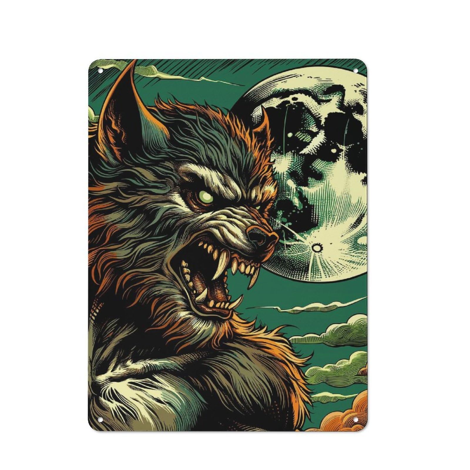 Junmoney Werewolf Under Full Moon Vintage Vintage Metal Sign 40X30cm Featuring Restaurant Wall Art For Takeaway, Bar, Kitchen Or Counter Area