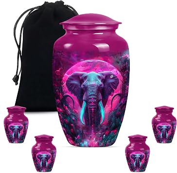 Galactic Elephants Urn 10inch Large with Velvet Bag & 4 Small Keepsakes, Human Ashes Adult Funeral Decorative Cremation Memorial Ash Urns