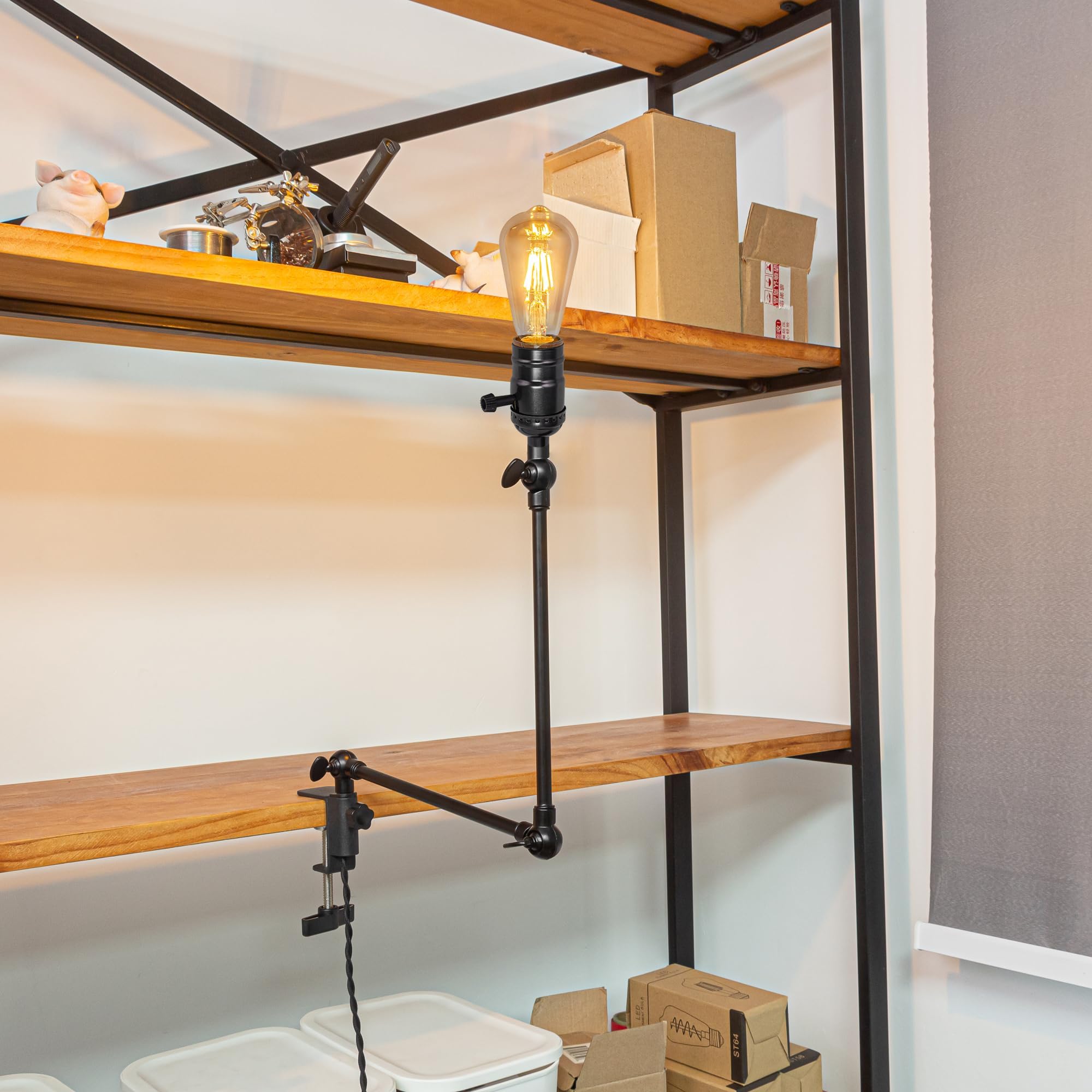 Retro Klemmleuchte, Einstellbar Clip auf Schreibtisch Leselampe, Clamp Nachttischlampe mit Flexarm, 1x E27 Fassung max. 60 Watt für Schreibtisch, Nachttisch, Regal- Perlschwarz BD2802