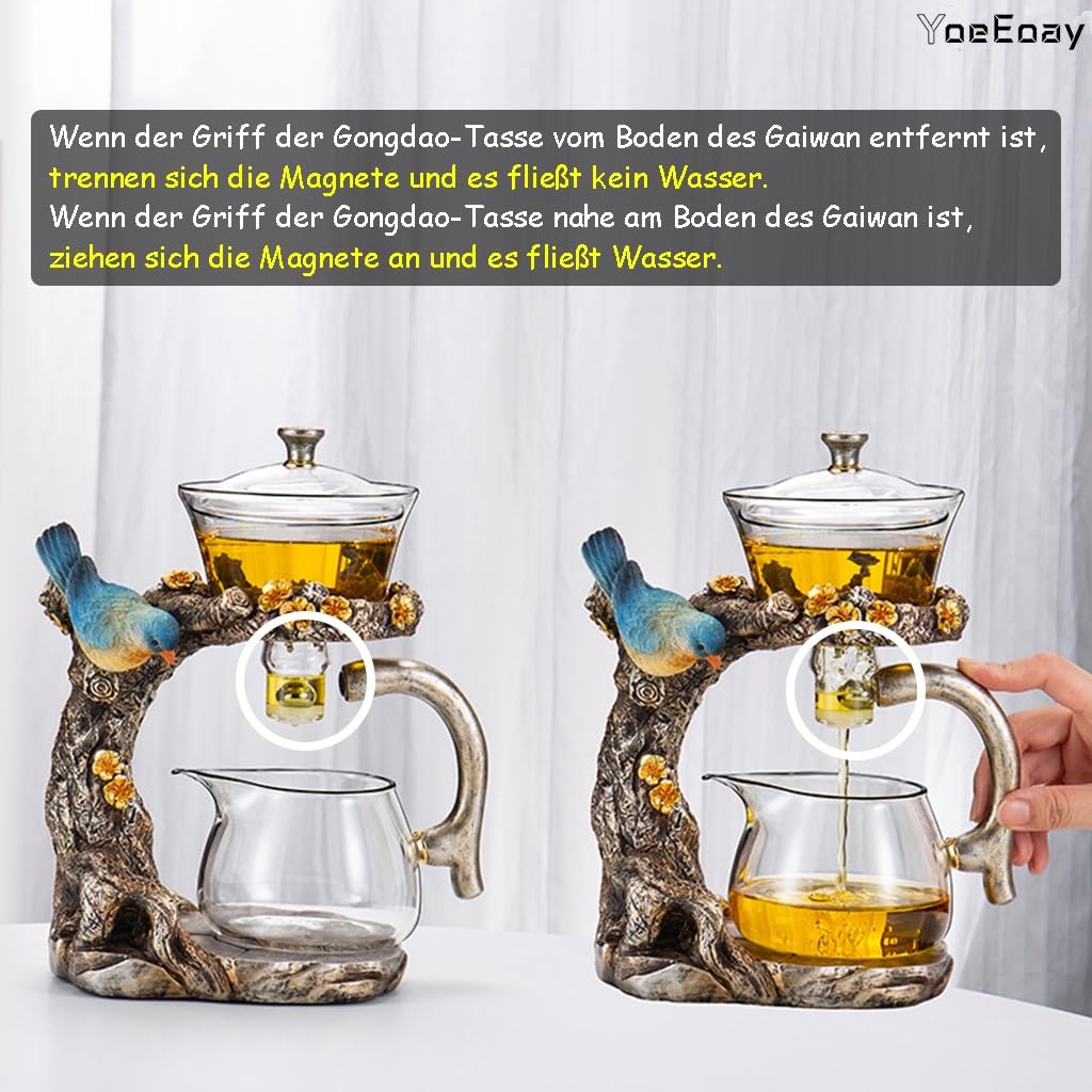 Teeservice Glas Teekanne Mit Magnet, Tier-Vogel-Design Lazy Kungfu Glasteeservice Semi Automatic Tea Set, Geeignet Für Teeliebhaber, Jungen Und Mädchen