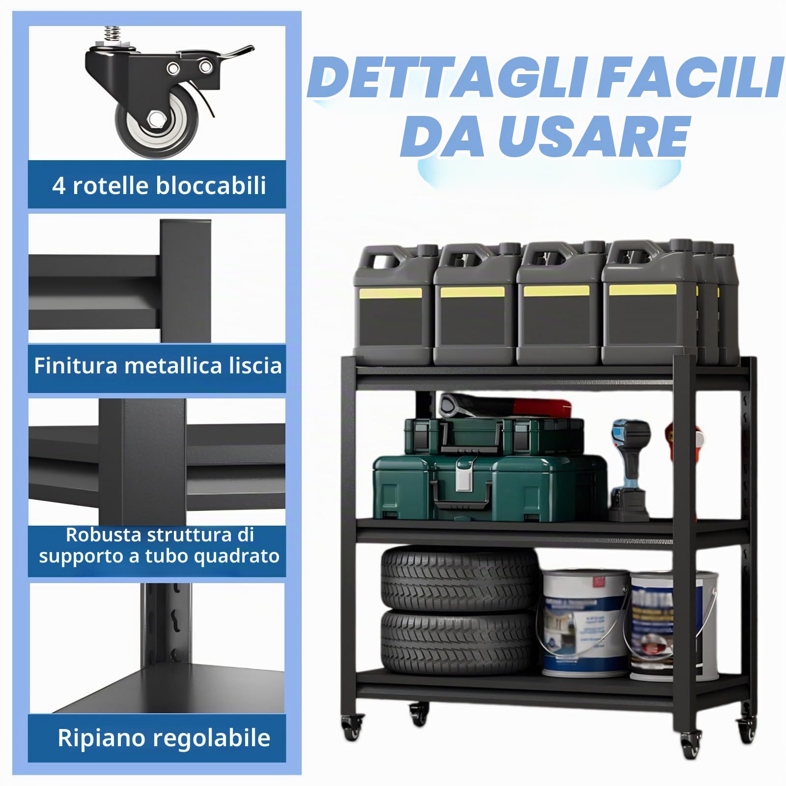105kg Scaffale Metallo Garage,Scaffali in Acciaio a 3 Livelli Nero con Ruote, Scaffali Regolabili, Scaffale Salvaspazio Per Il Seminterrato Industriale da Cucina,80x40x80cm
