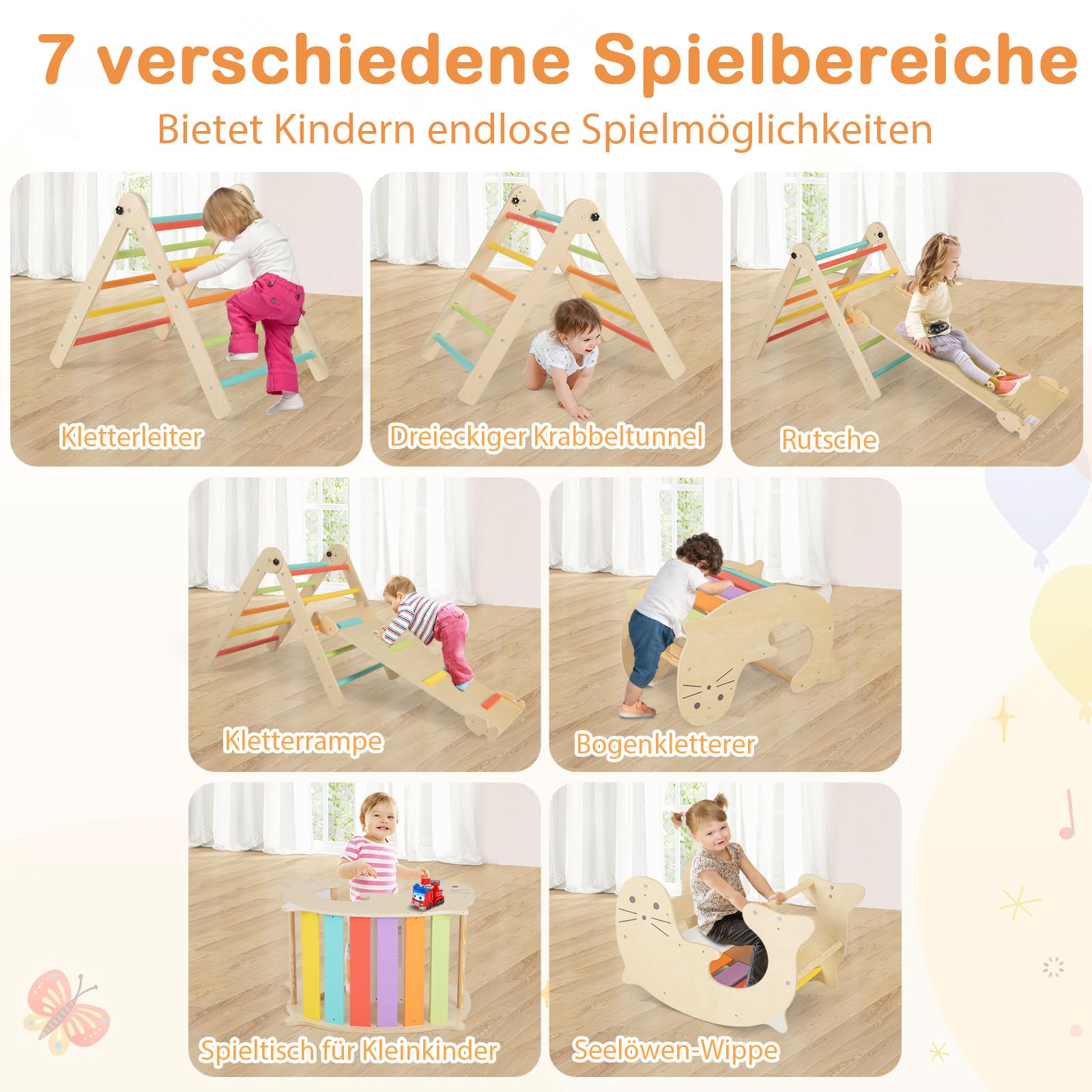 GOPLUS Montessori drabinka wspinaczkowa 6 w 1, trójkąt do wspinaczki ze składaną drabiną, lew morski, kołysk, łuk wspinaczkowy i zjeżdżalnia, do użytku wewnątrz i na zewnątrz, plac zabaw dla dzieci w