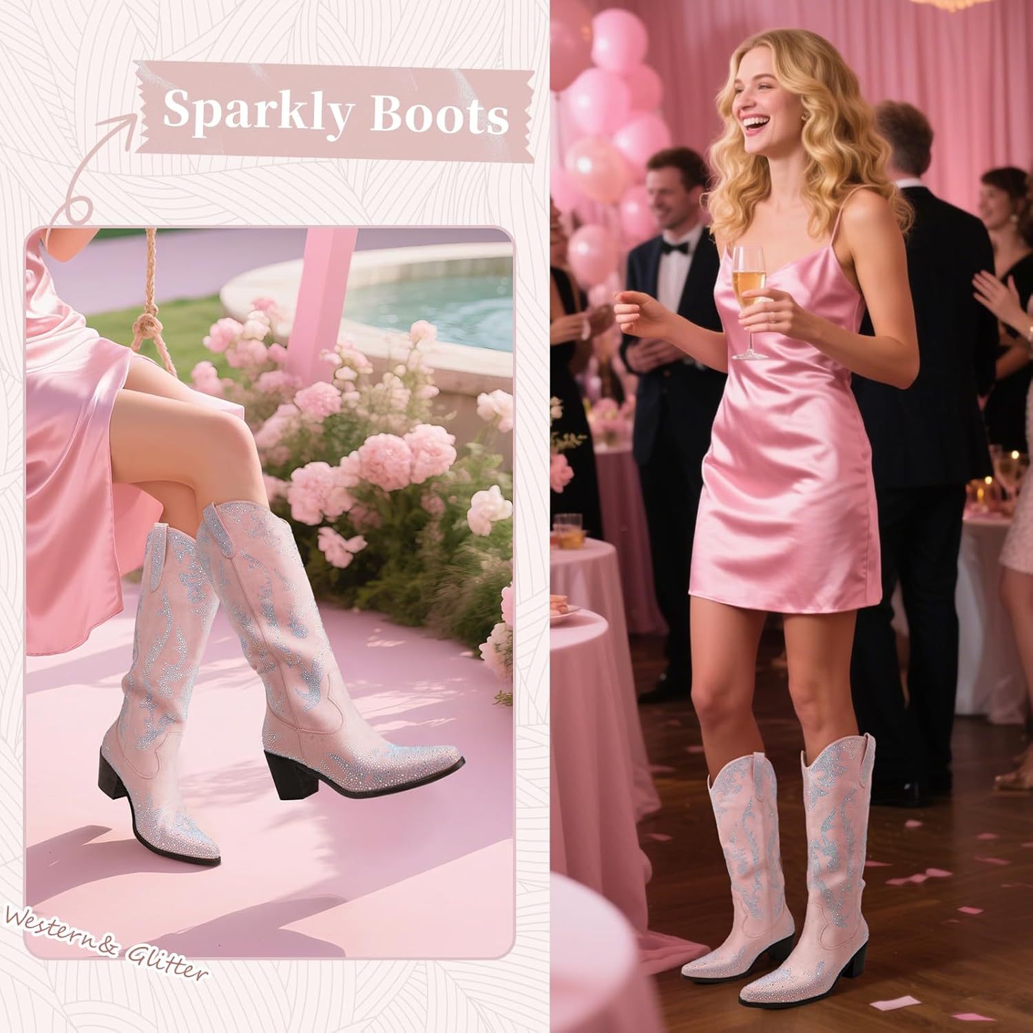 Women’s Rhinestone Cowboy Boots Mid Calf Pointed Toe Sparkly Block Heel Cowgirl Boots with Pull On Tabs - Image 5