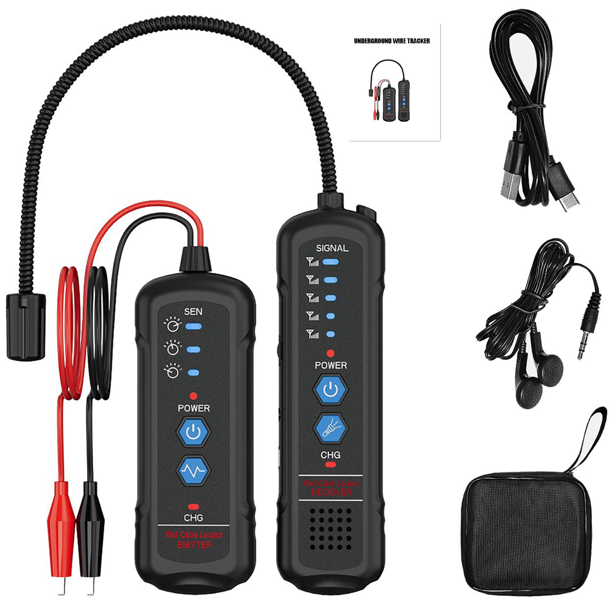 Underground Wire Locator and Cable Tracker Kit, Professional Wire Finder with Signal Detector, Carrying Case and Accessories