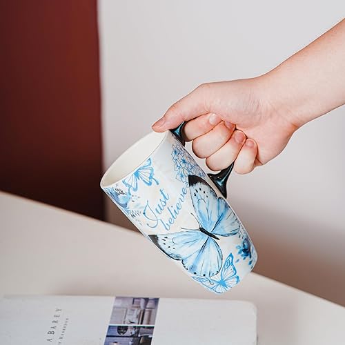 Miniatura 58 de Taza de café de viaje de cerámica con tapa para el hogar y la oficina, taza de té grande de porcelana de 17 onzas con mango de arte floral en caja